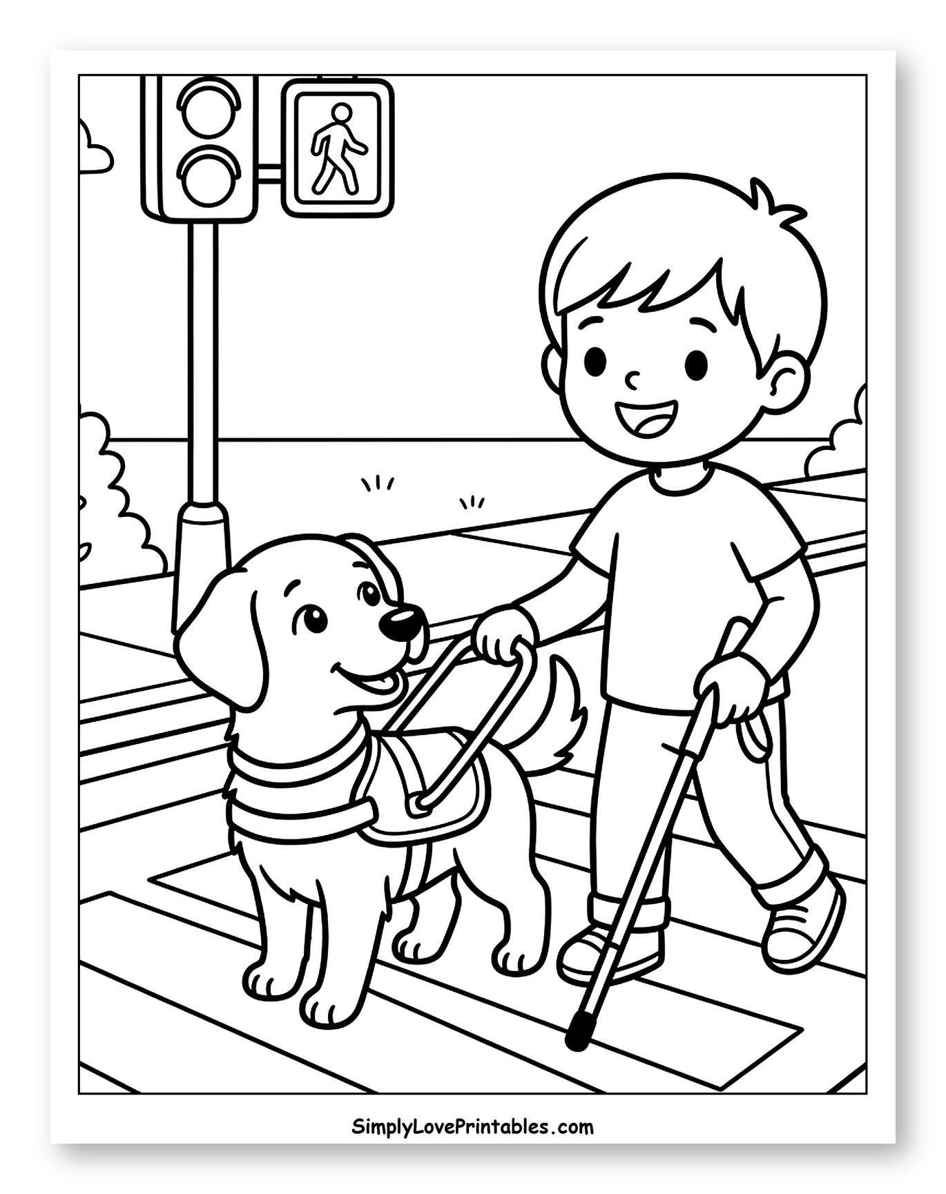 Happy Boy with Guide Dog at Crosswalk