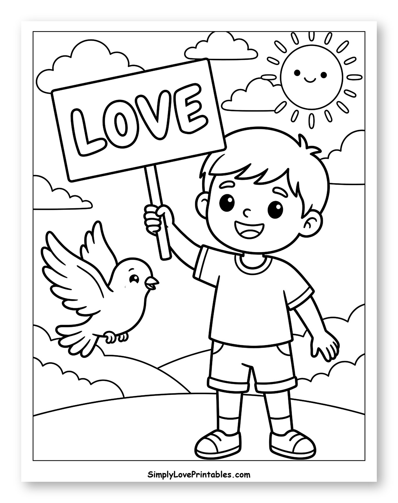Happy Boy with Love Sign and Bird to Color for Kids