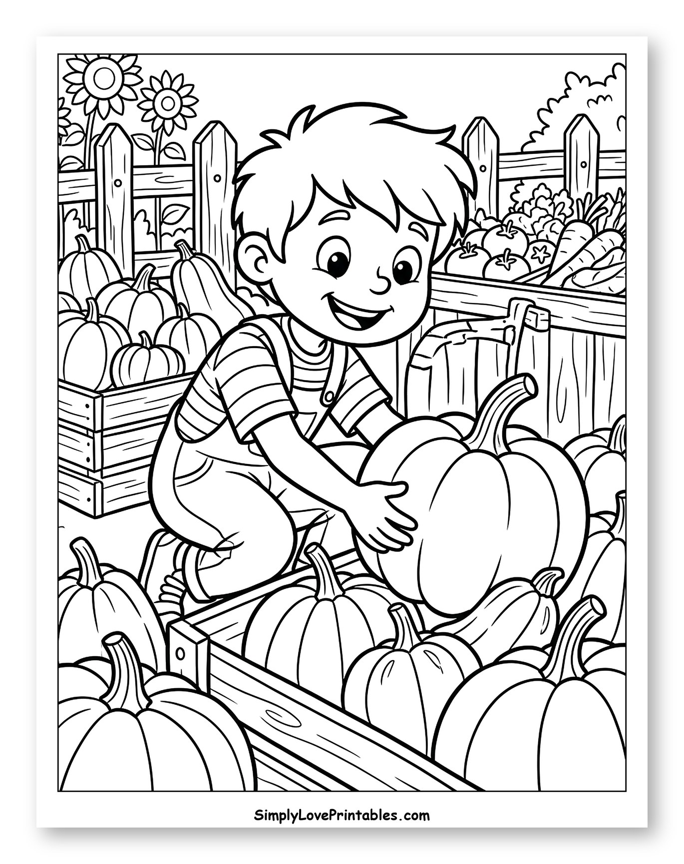 Happy Boy With Pumpkins At A Market