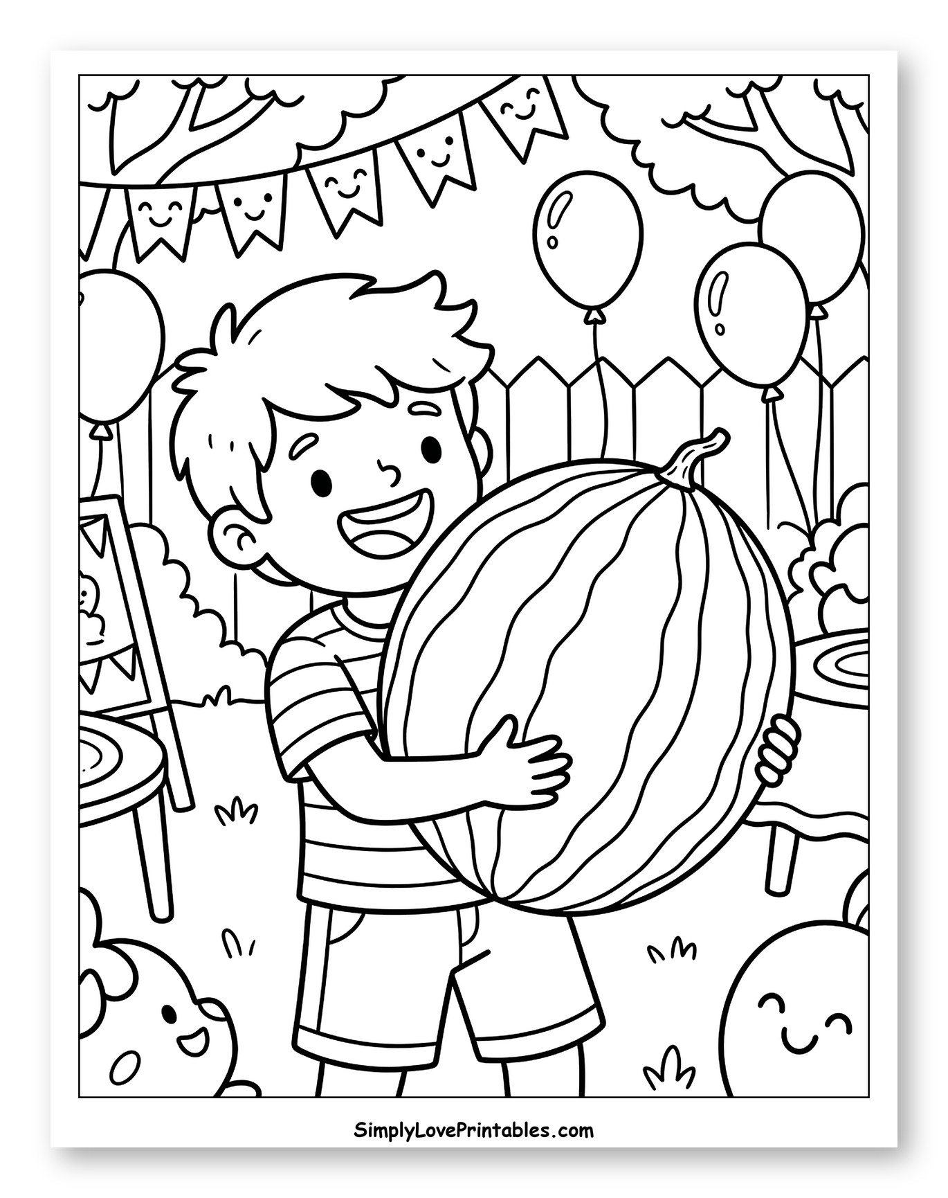 Happy Boy with Watermelon at Outdoor Party Coloring Sheet for Kids