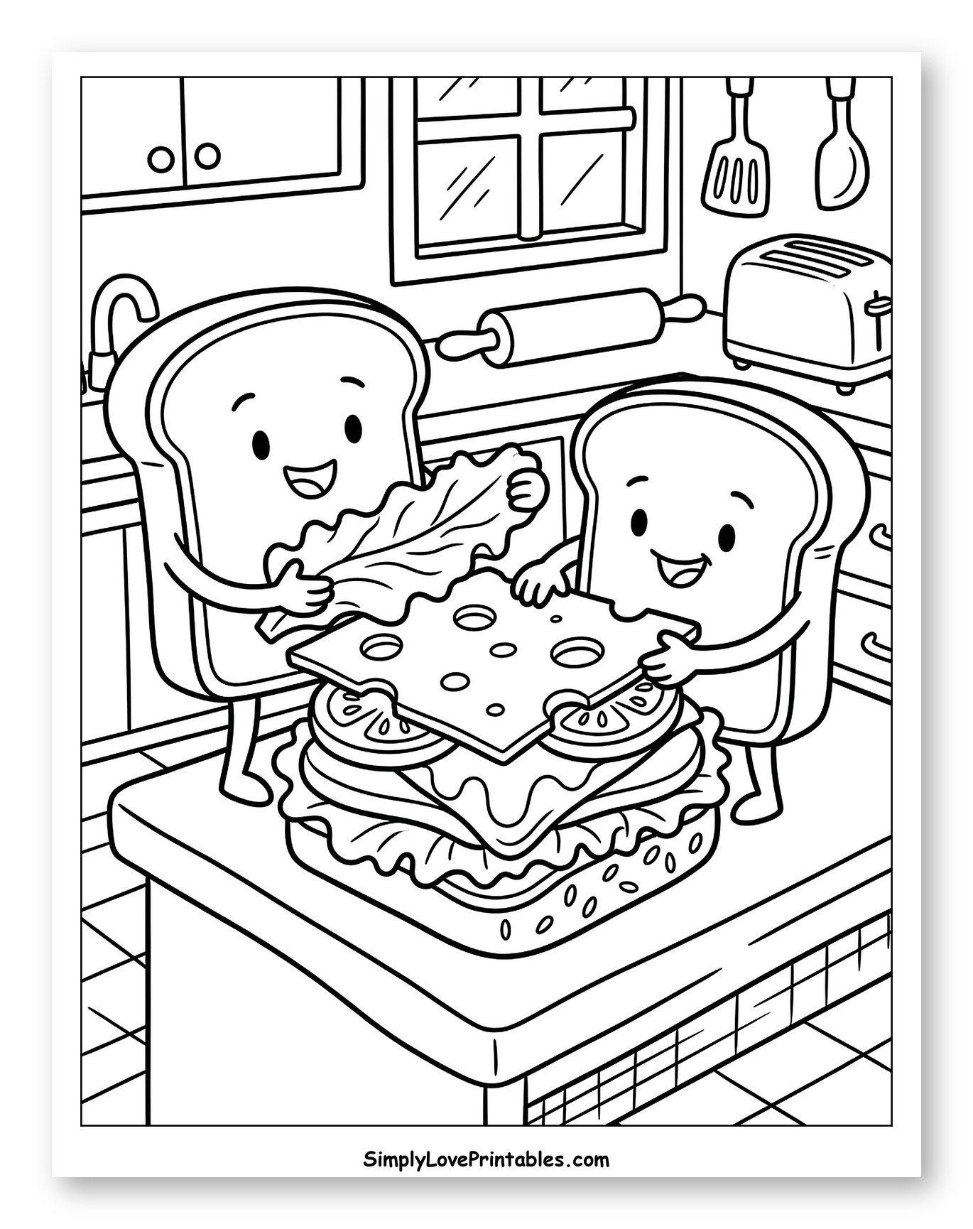 Happy Bread Friends Making a Sandwich to Color for Kids