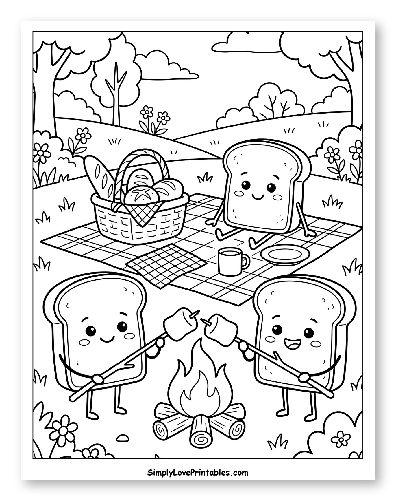 Happy Bread Friends Roasting Marshmallows Coloring Sheet for Kids