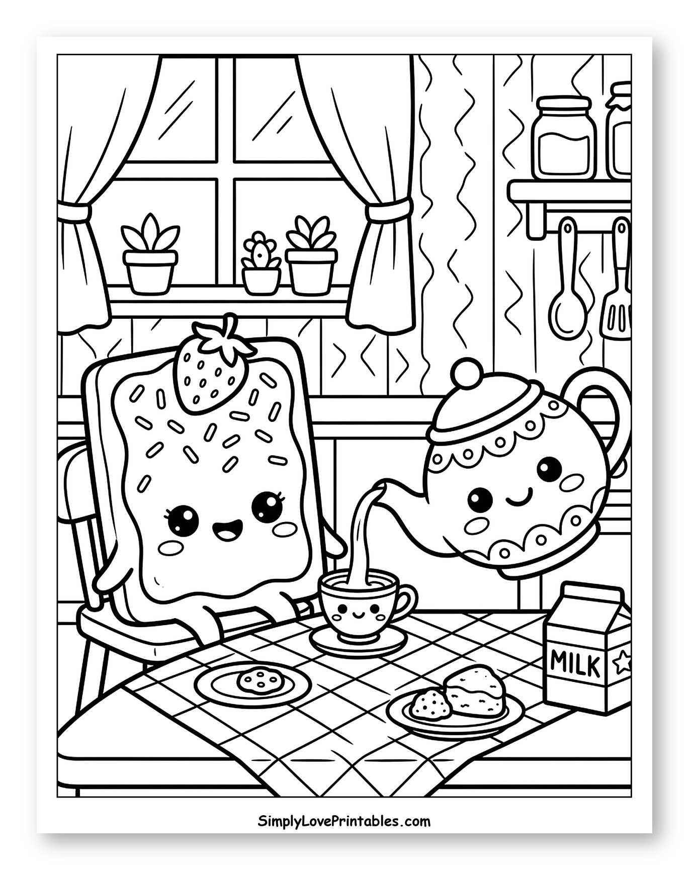 Happy Breakfast Characters at Table Coloring Sheet for Kids