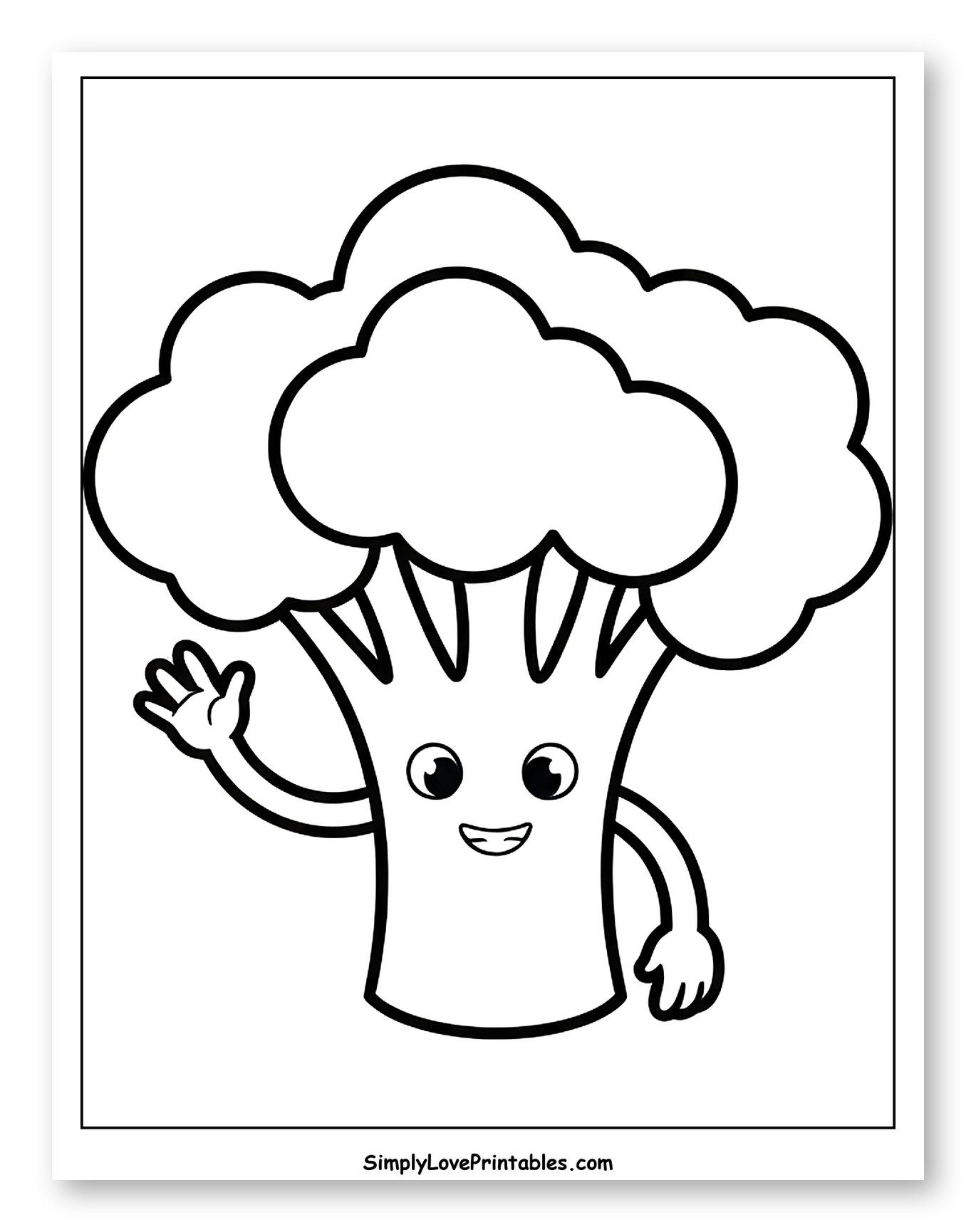 Happy Broccoli Character Waving Coloring Page for Toddlers