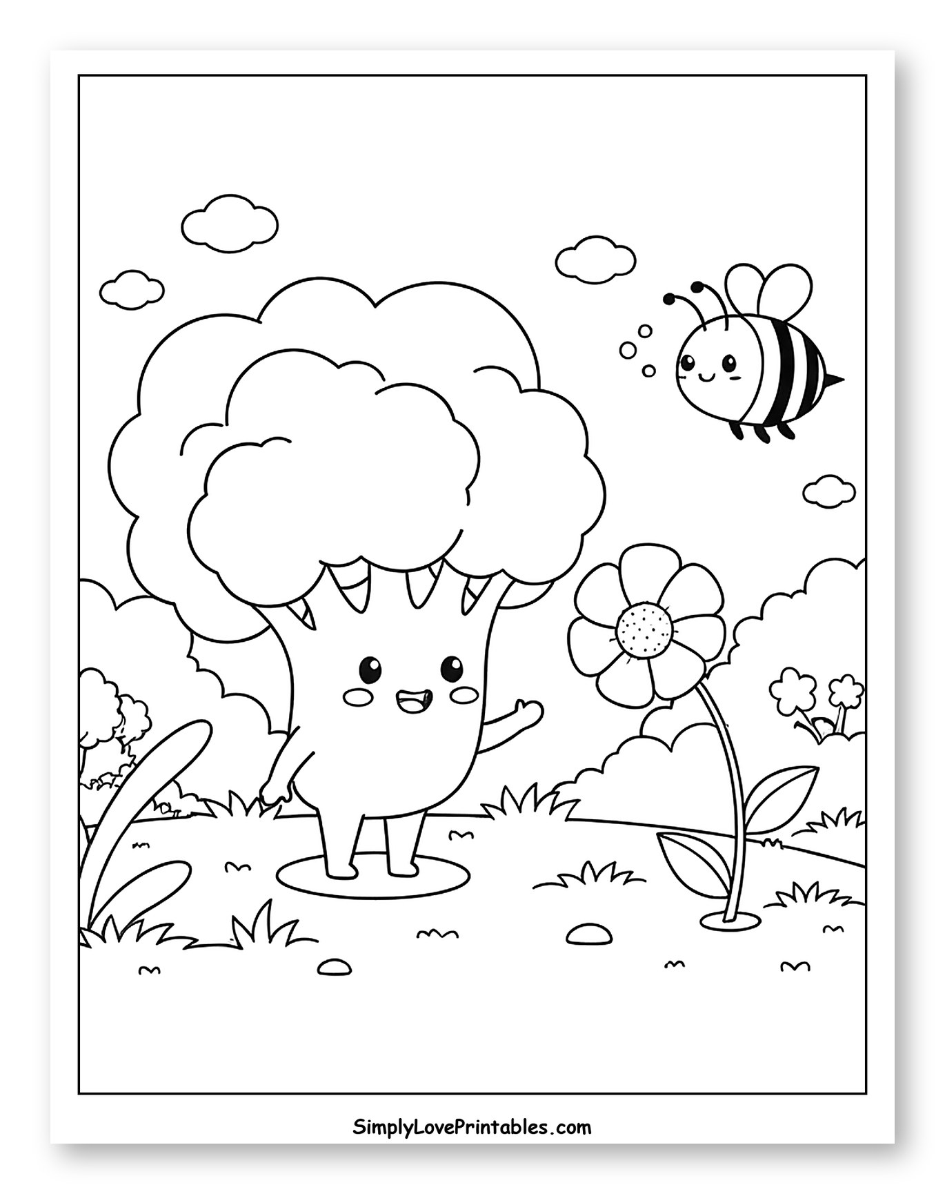 Happy Broccoli Character with Bee and Flower Coloring Page for Kids