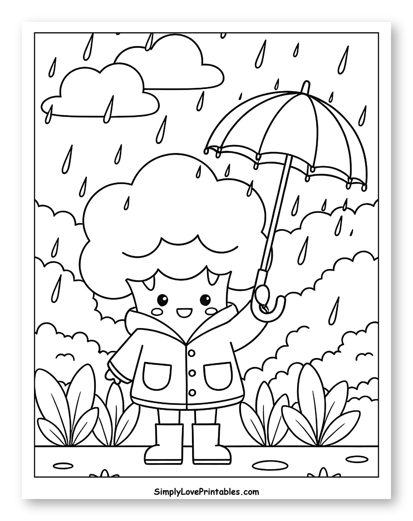 Happy Broccoli in Rain with Umbrella Coloring Page for Kids