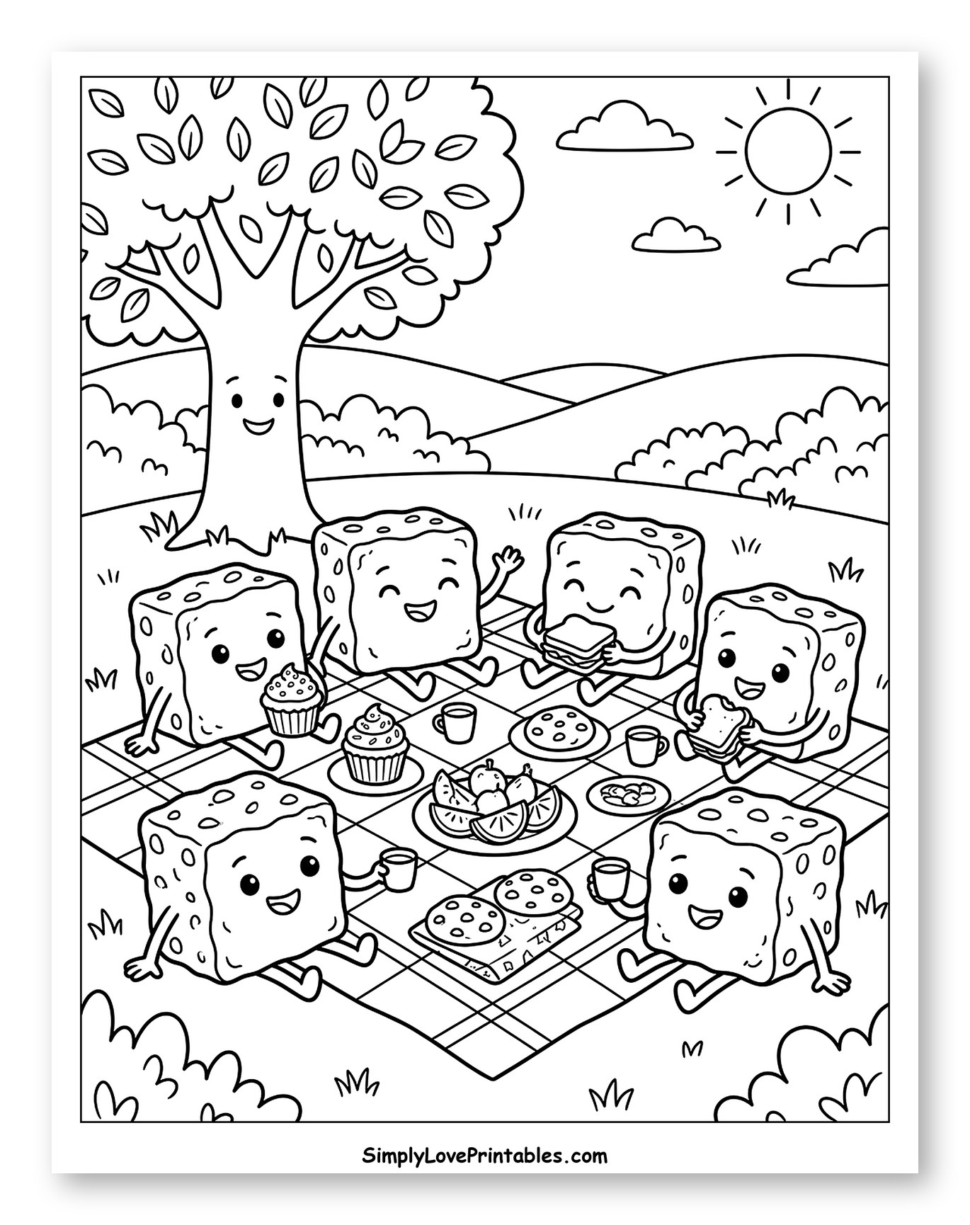 Happy Brownie Characters Enjoying an Outdoor Picnic Coloring Page for Kids