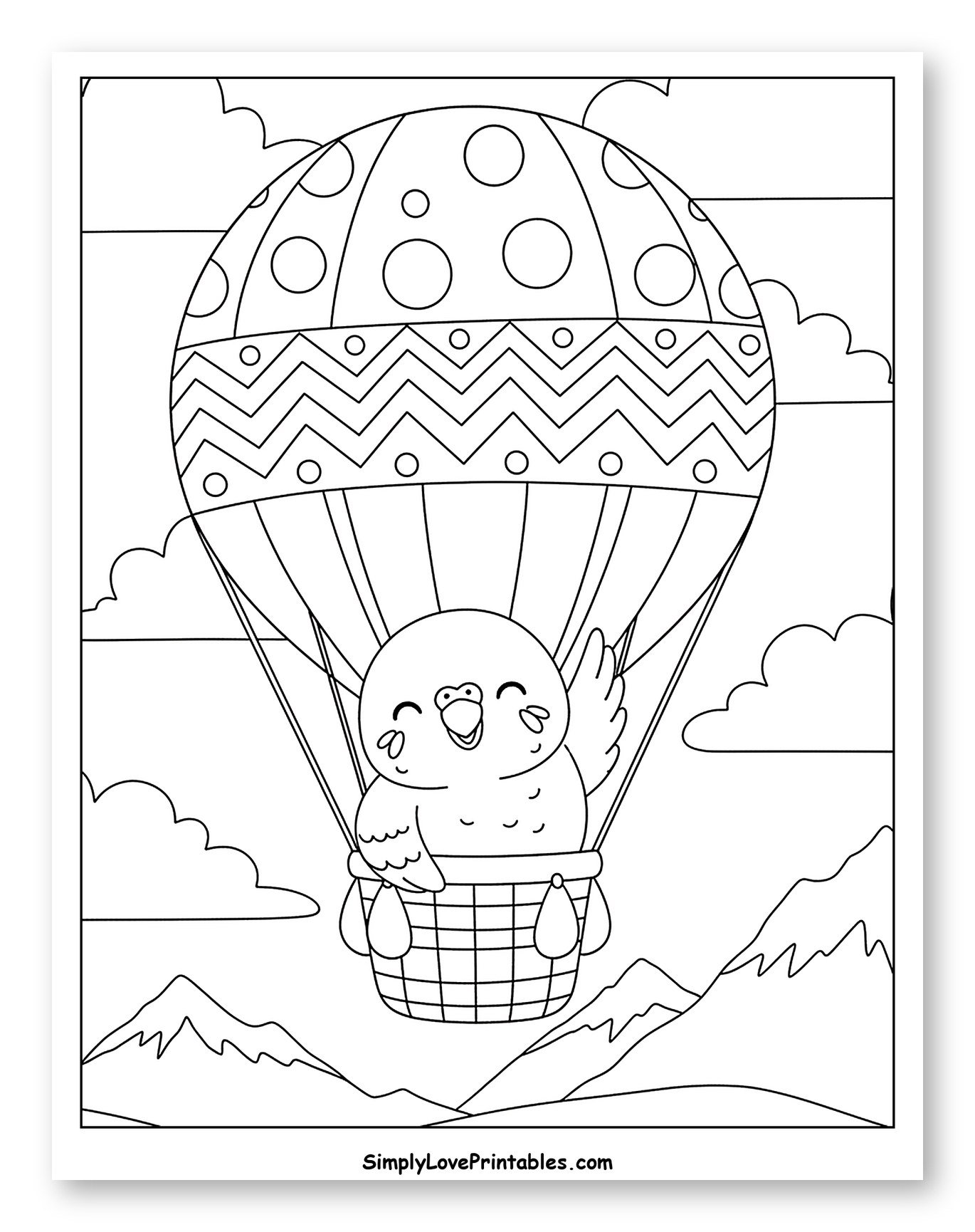 Happy Budgie Flying in a Hot Air Balloon