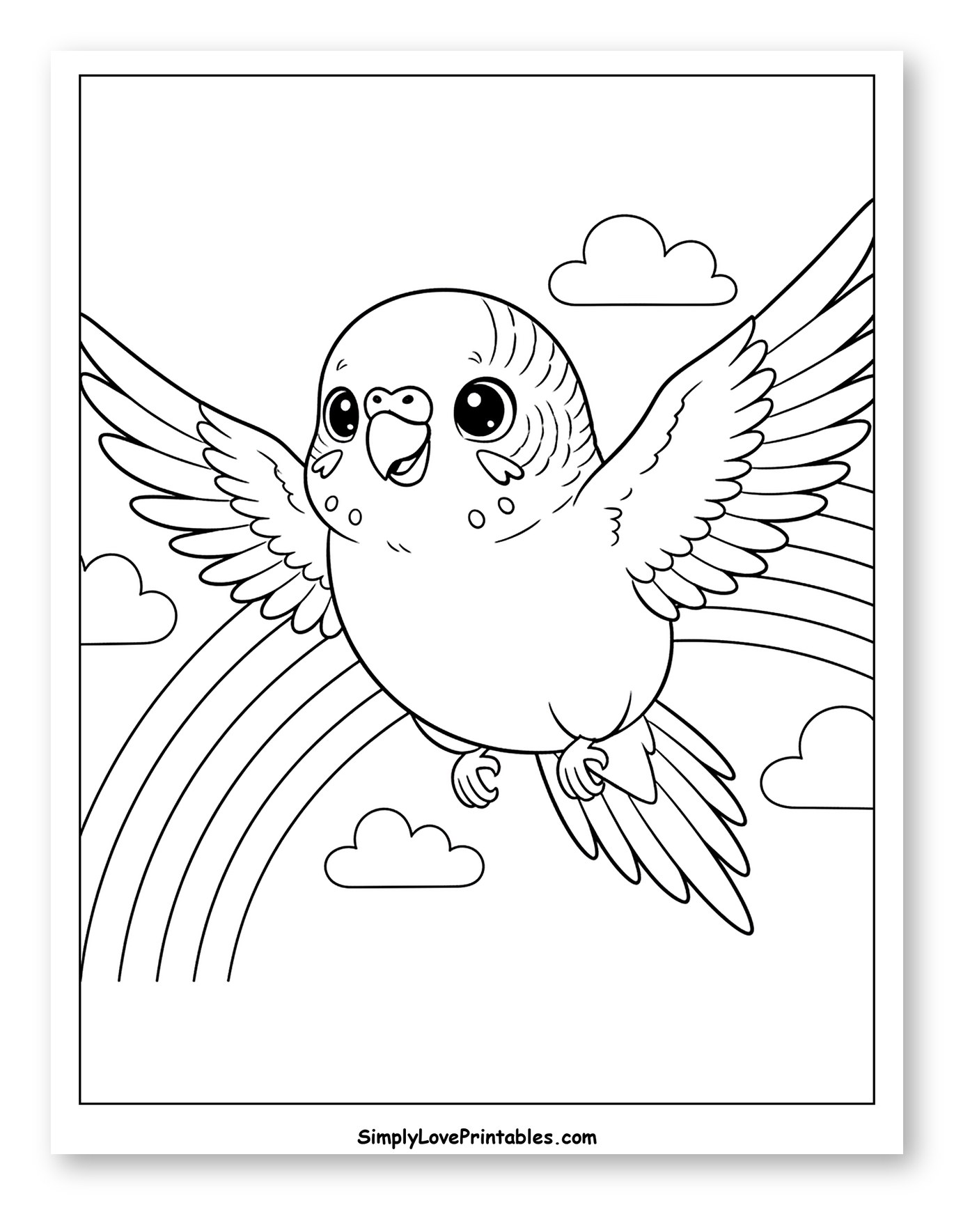 Happy Budgie Flying Over a Rainbow to Color for Kids