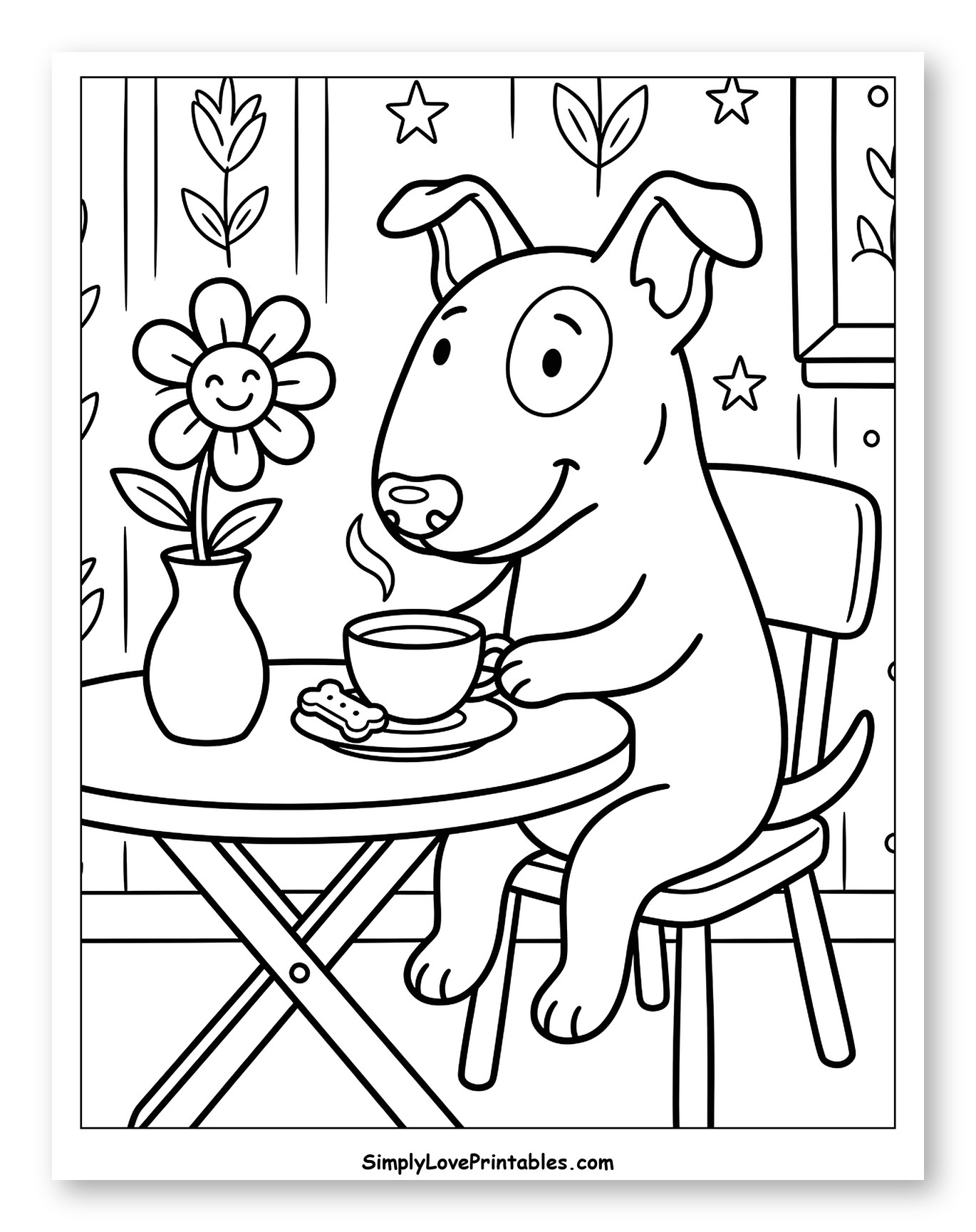 Happy Bull Terrier at Cafe Table