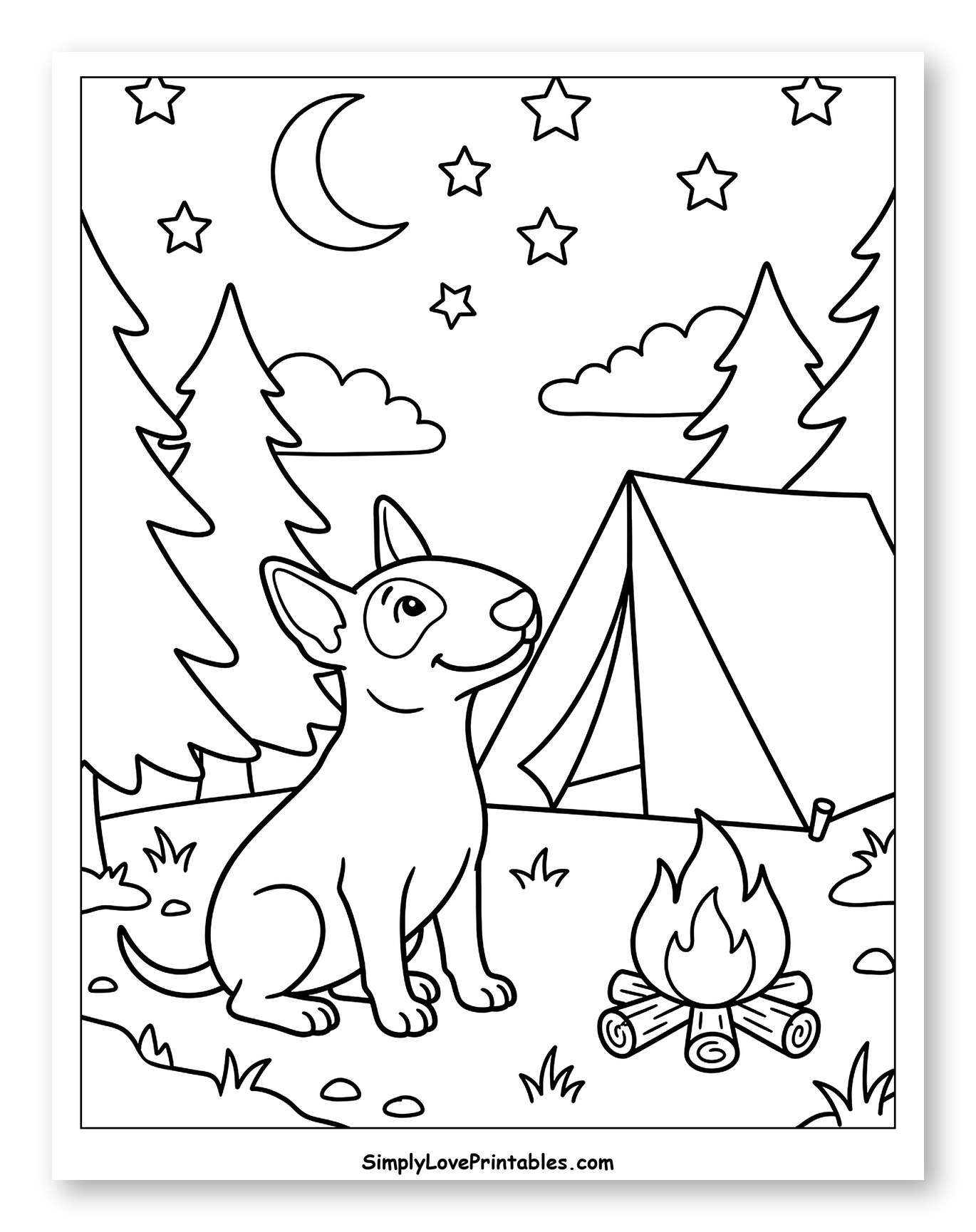 Happy Bull Terrier Camping Under the Stars