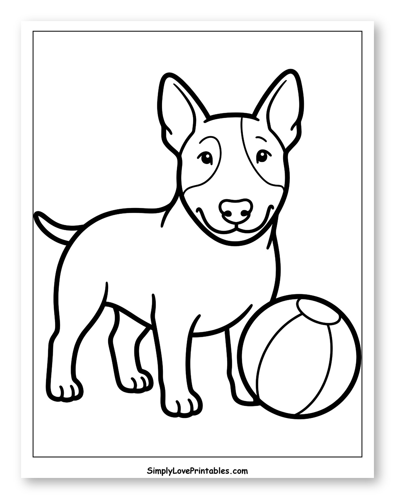 Happy Bull Terrier Dog with Ball Coloring Sheet for Toddlers