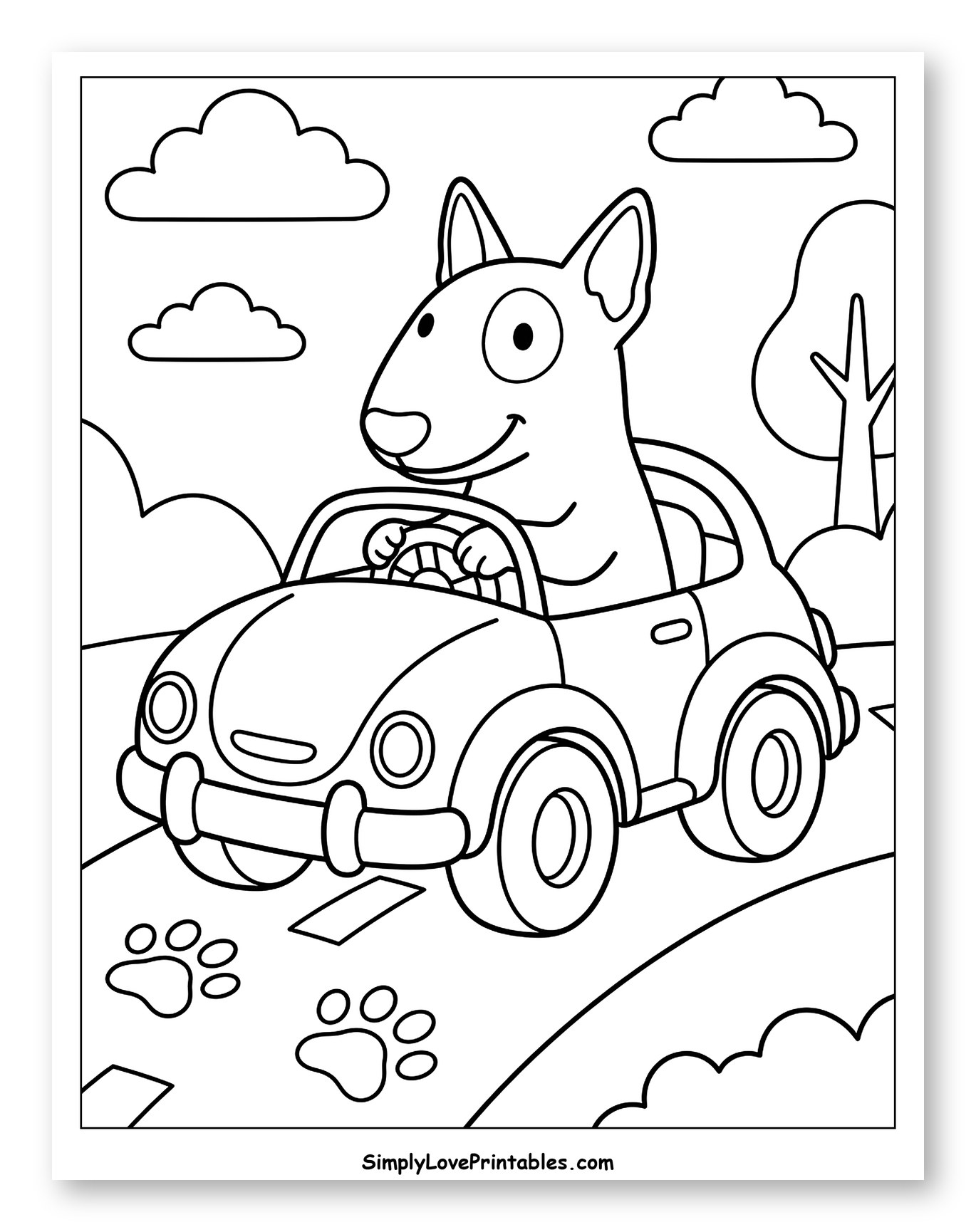 Happy Bull Terrier Driving Car on Road Coloring Sheet for Kids