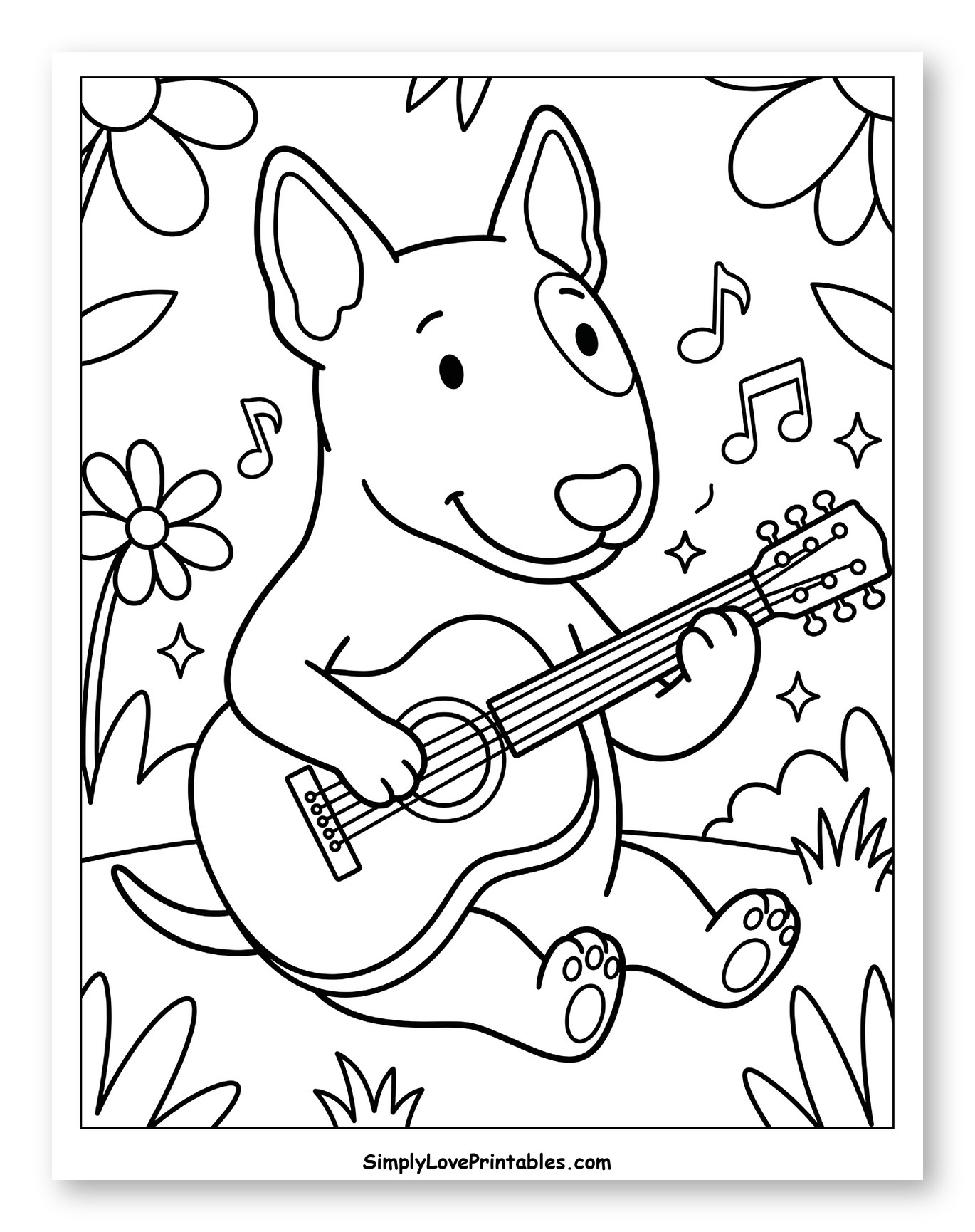 Happy Bull Terrier Playing Guitar in Garden