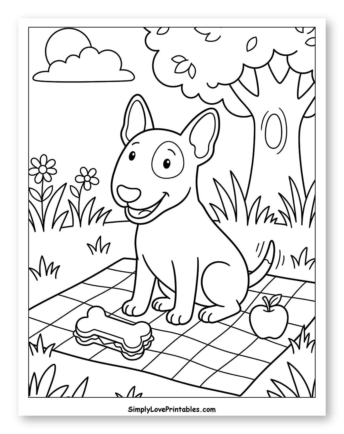 Happy Bull Terrier Puppy on a Picnic Blanket