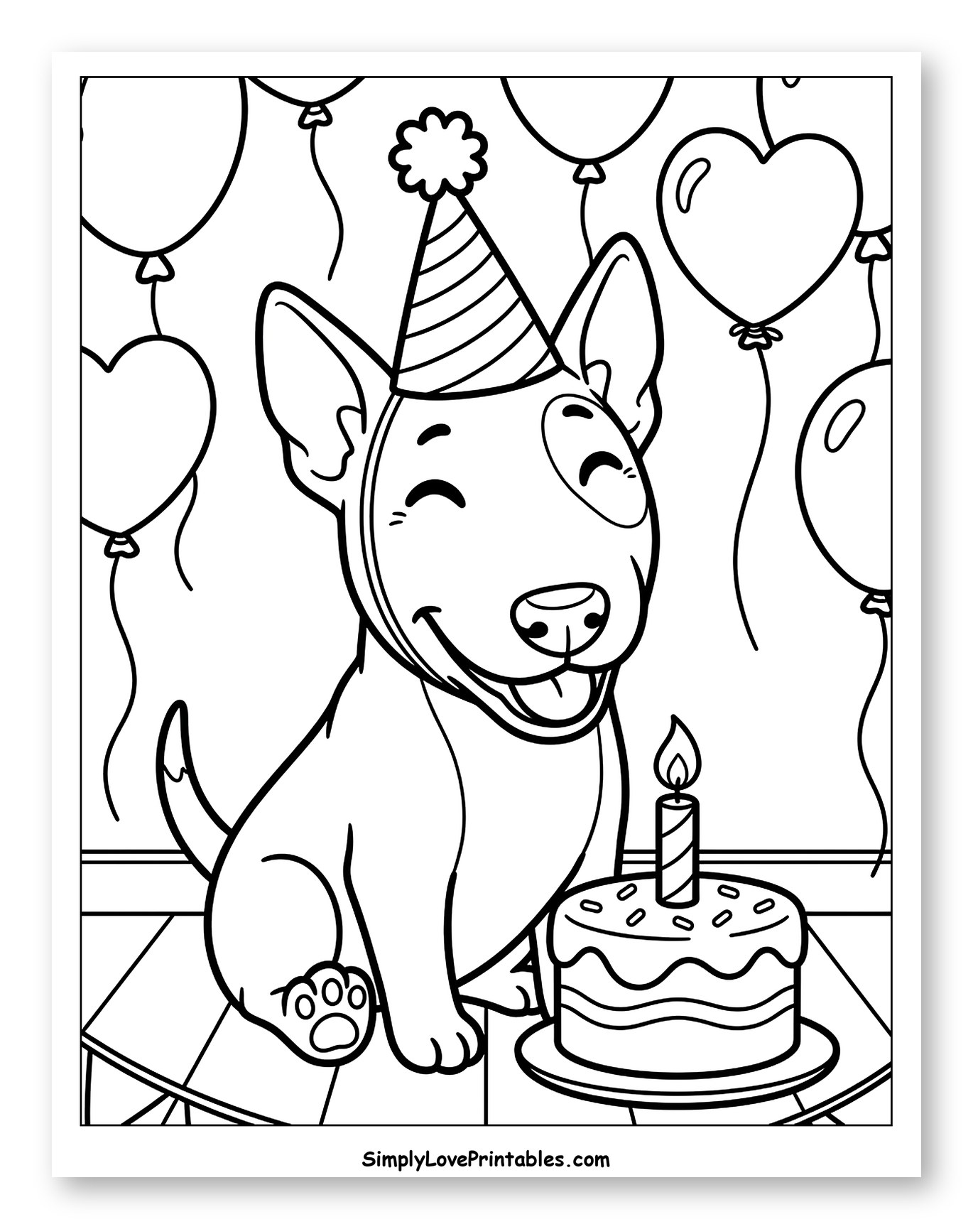 Happy Bull Terrier with Birthday Cake and Balloons