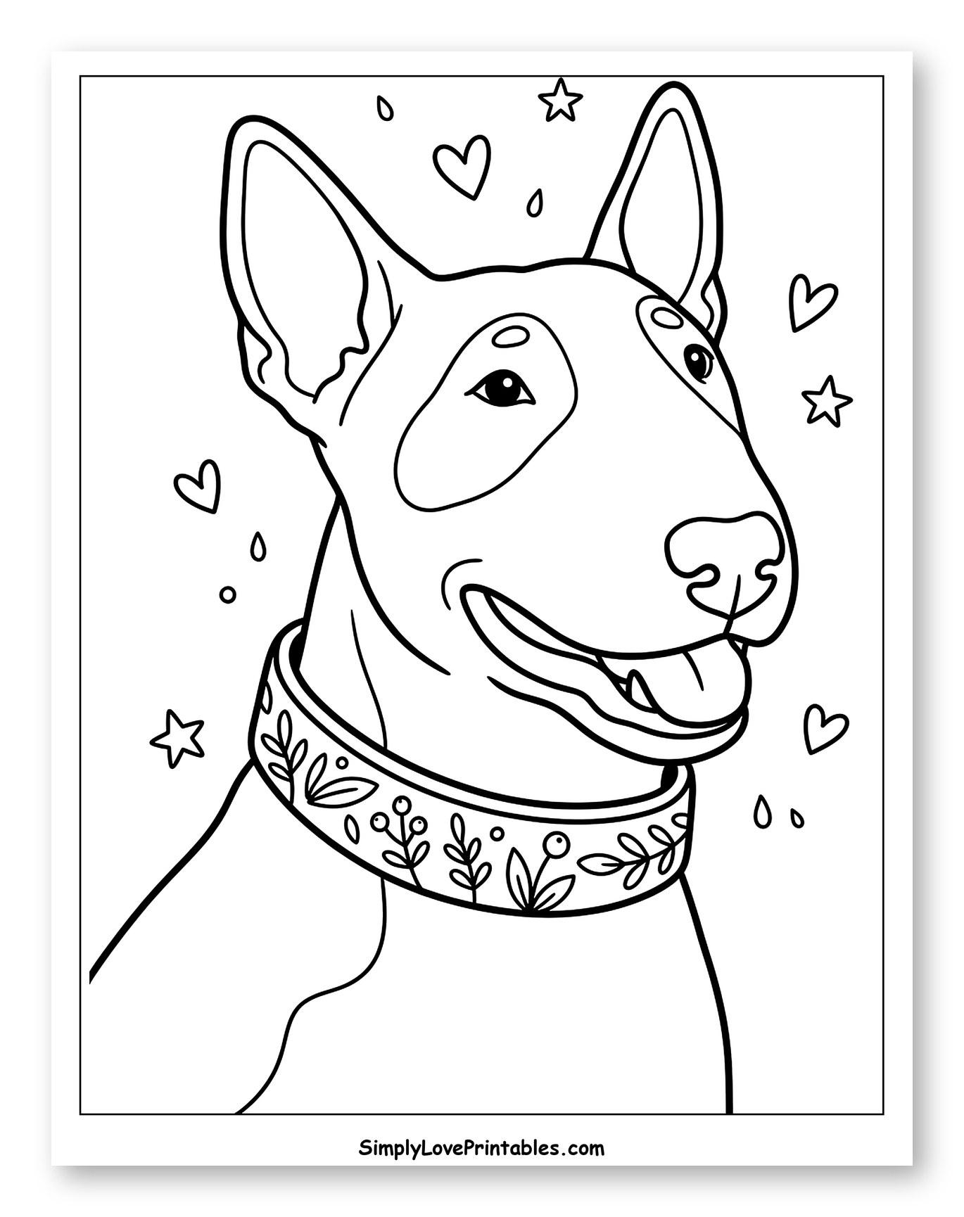Happy Bull Terrier with Hearts and Stars Coloring Sheet for Adults