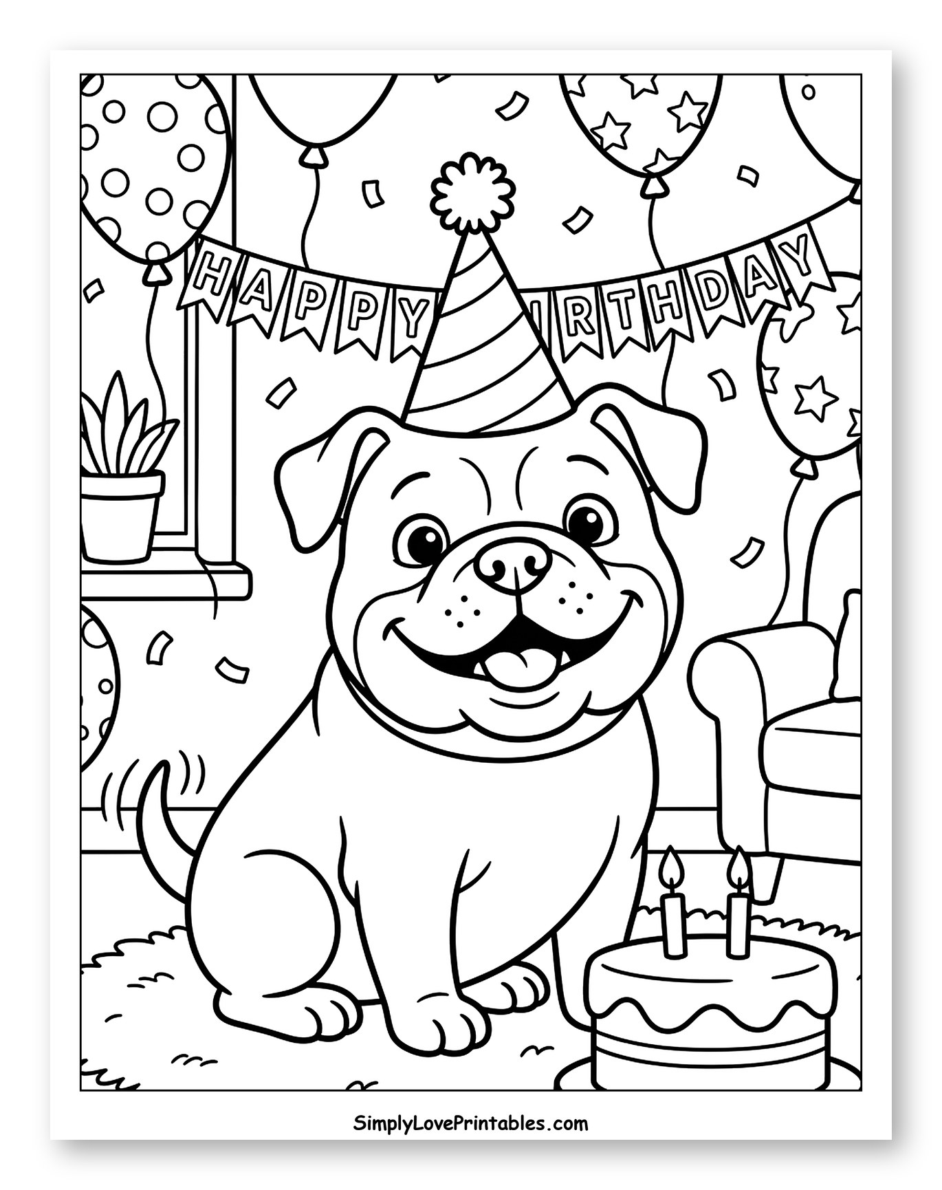Happy Bulldog at Birthday Party with Cake