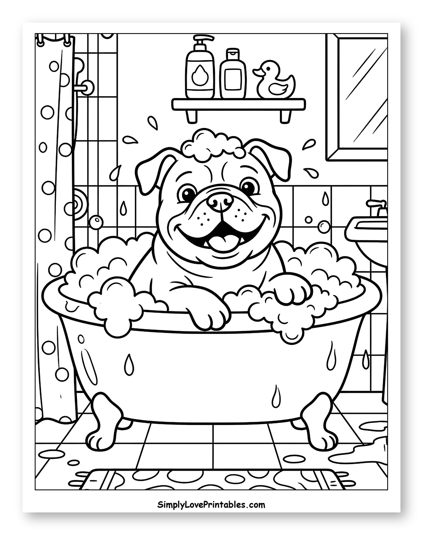 Happy Bulldog in a Bubble Bath Coloring Sheet for Kids