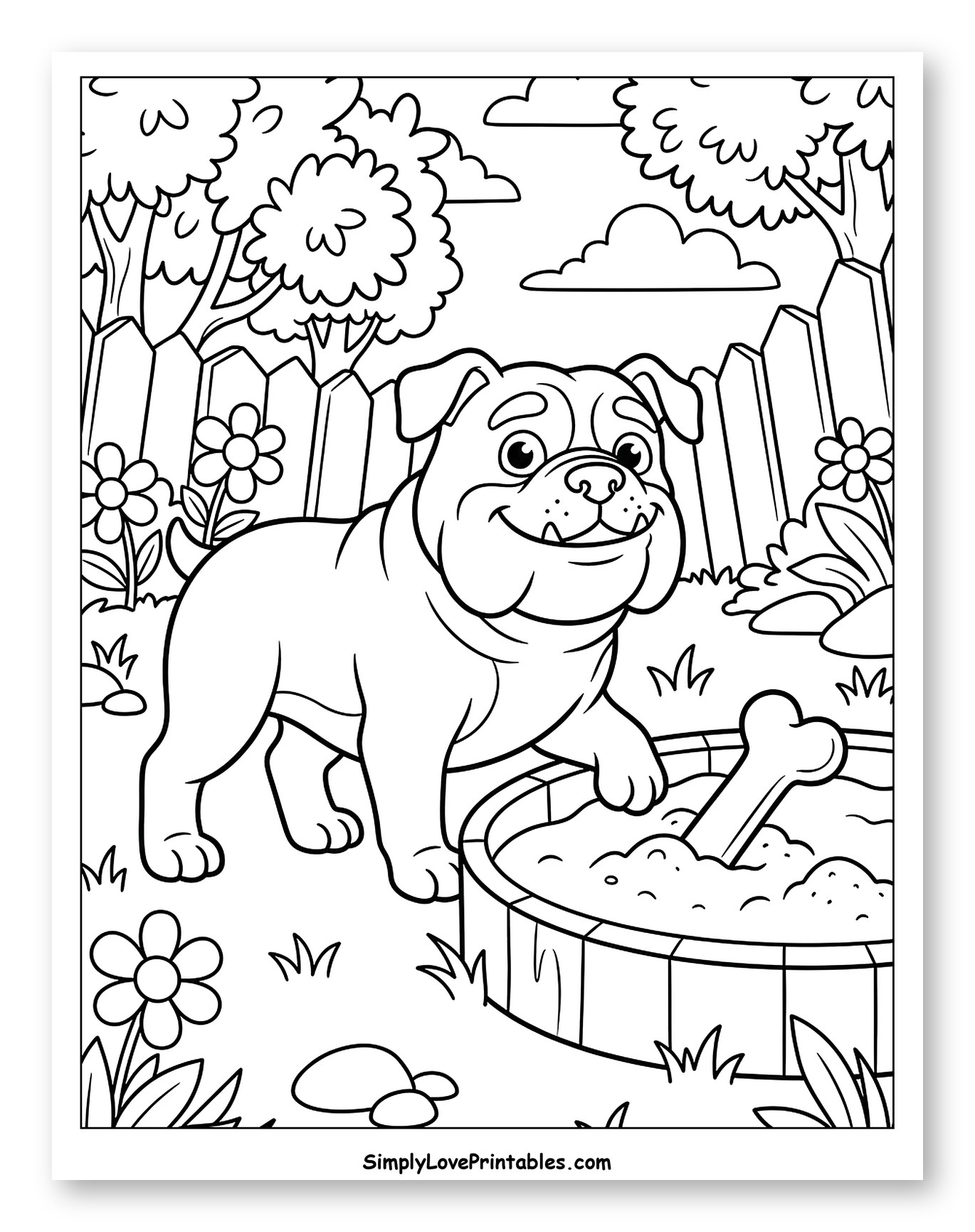 Happy Bulldog in Garden with Bone