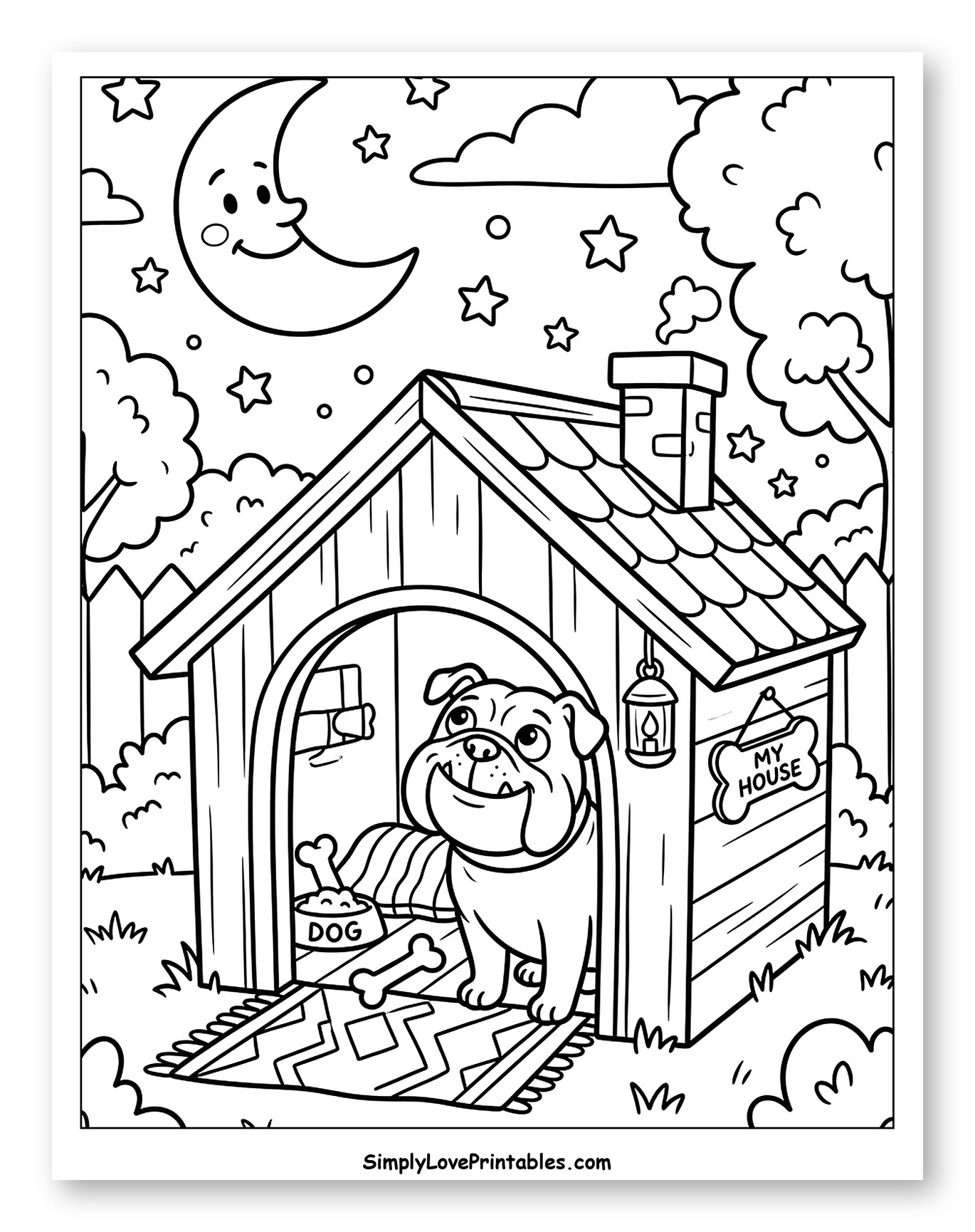 Happy Bulldog Outside Its Cozy Doghouse Coloring Sheet for Kids