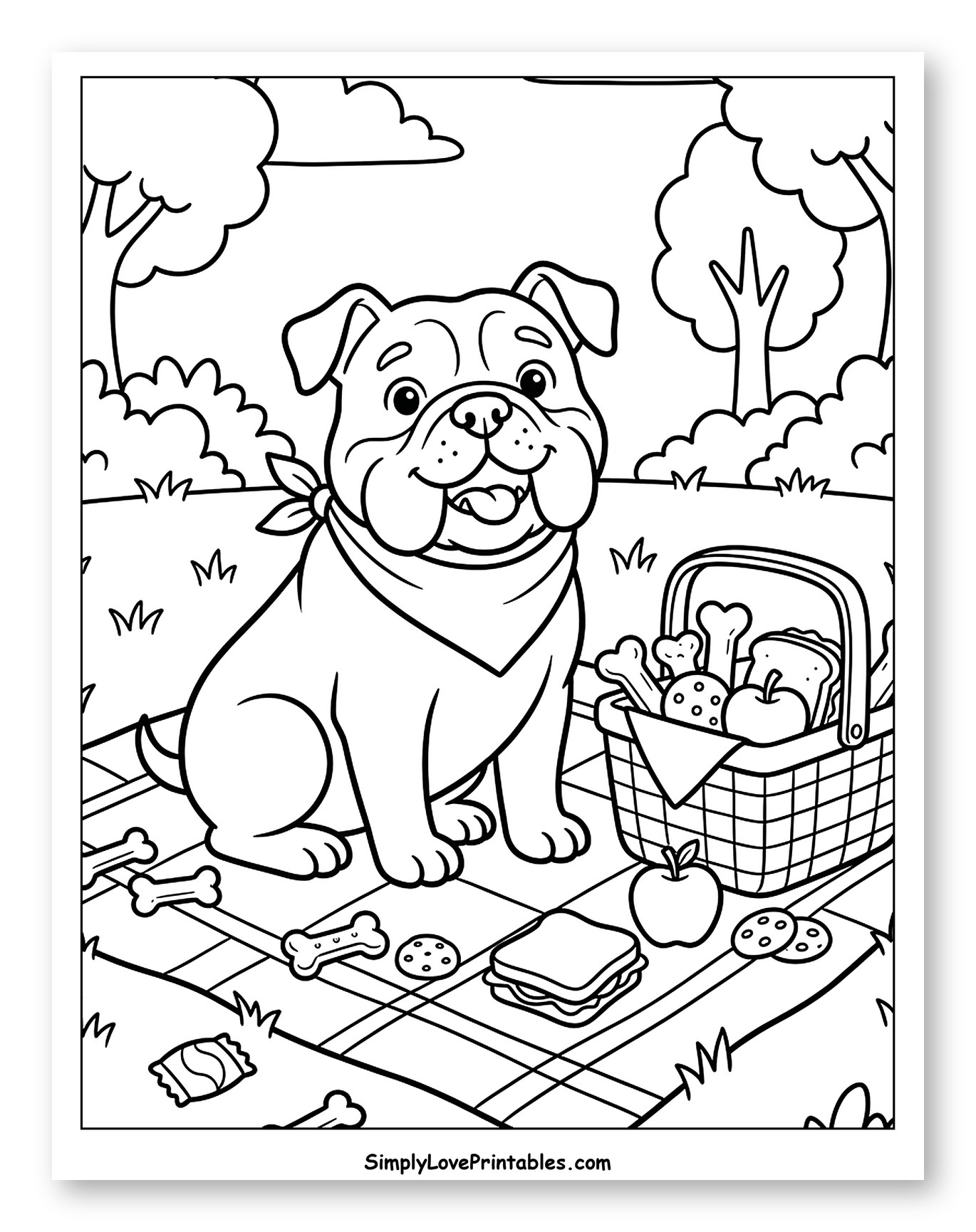 Happy Bulldog Picnic in the Park to Color for Kids