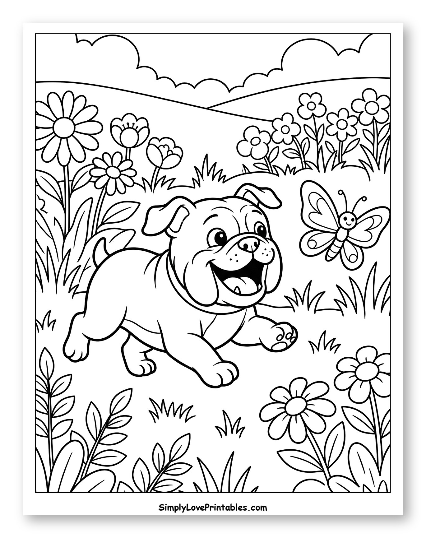 Happy Bulldog Puppy Chasing Butterfly in a Flower Field Coloring Page for Kids