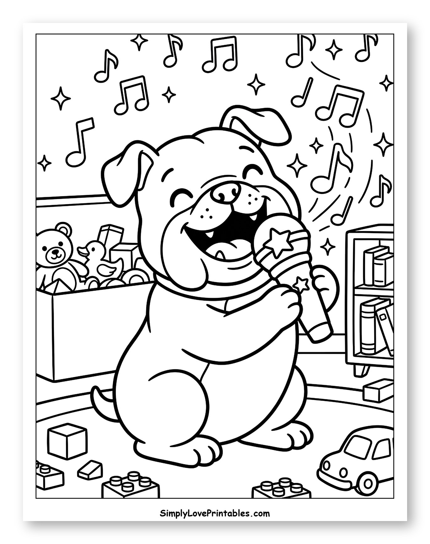 Happy Bulldog Singing Karaoke Amidst Toys