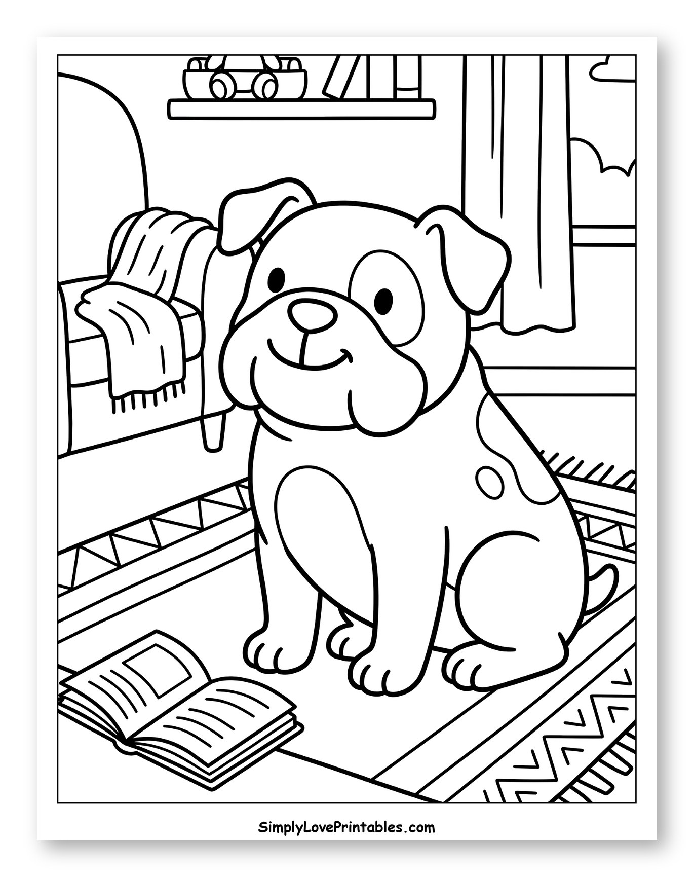 Happy Bulldog Sitting on a Rug with a Book Coloring Sheet for Kids