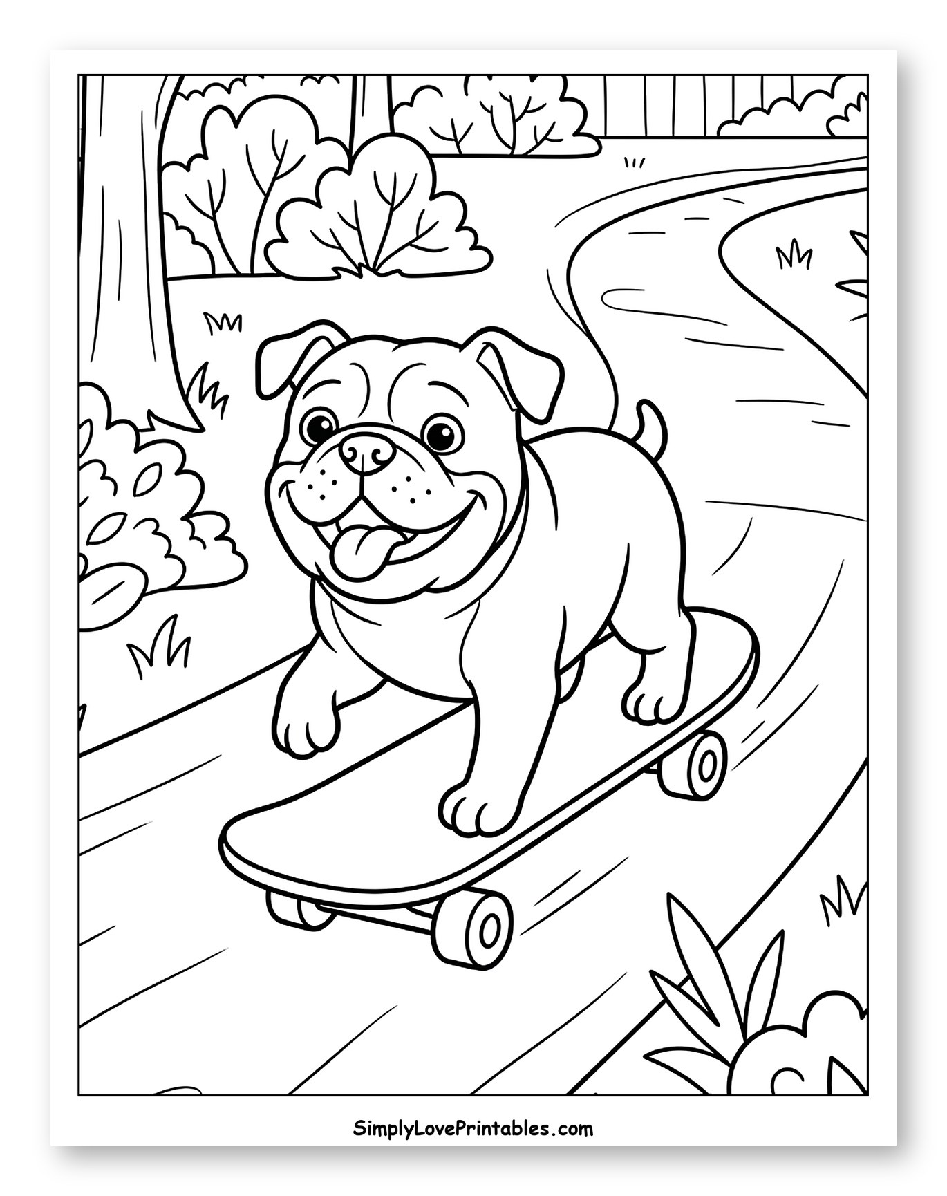 Happy Bulldog Skateboarding in the Park Coloring Sheet for Kids