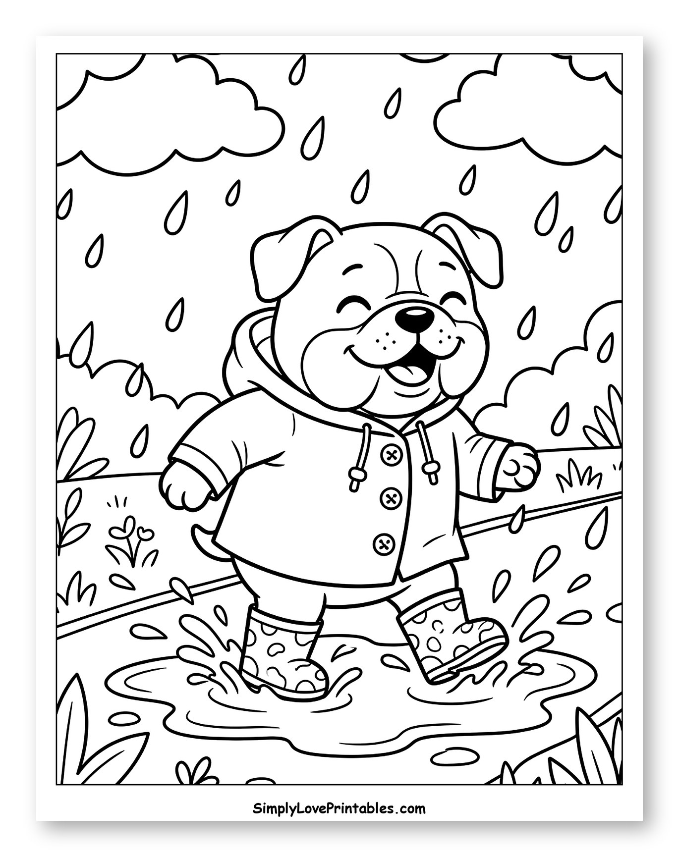Happy Bulldog Splashing in Puddles to Color for Kids