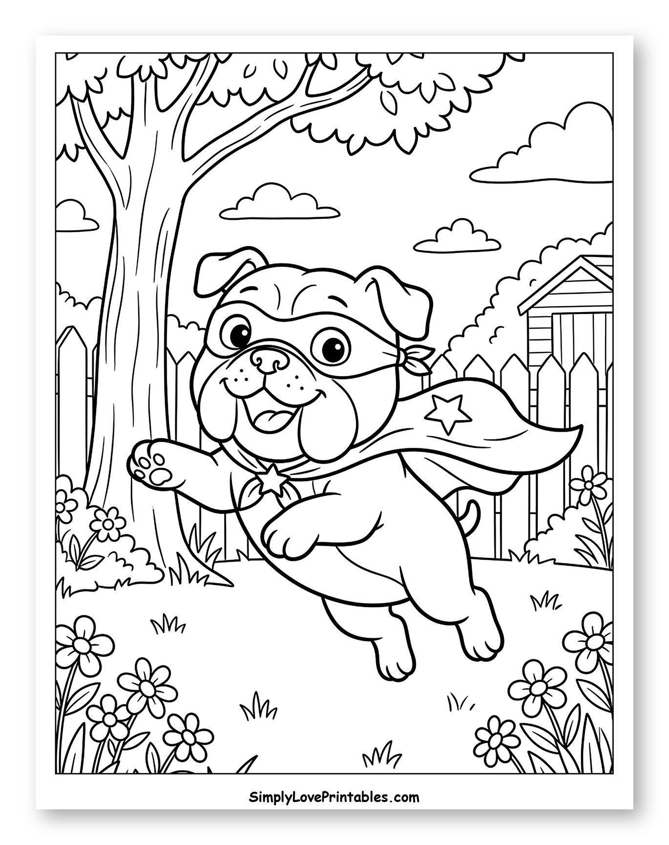 Happy Bulldog Superhero Soaring Over Flowers to Color for Kids