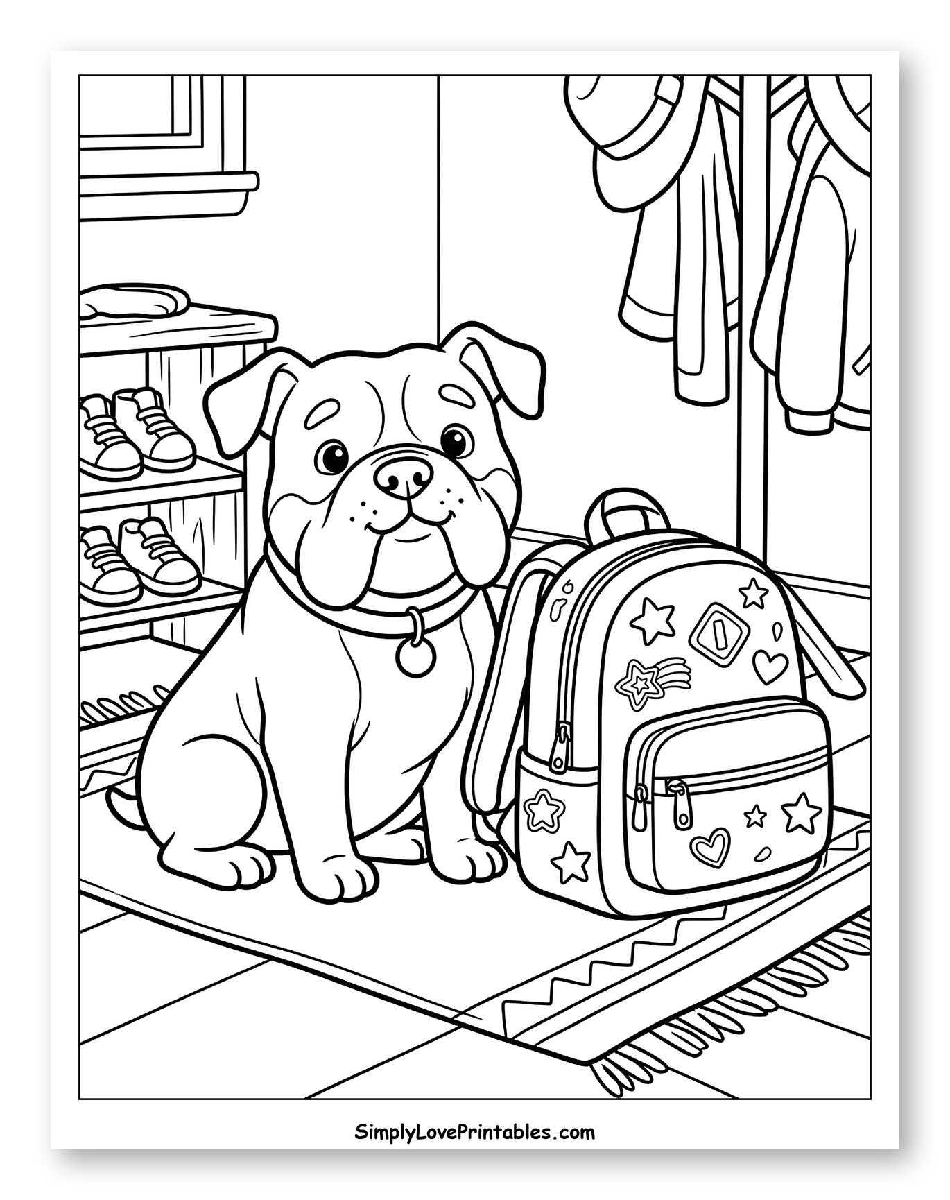 Happy Bulldog with Backpack in Entryway Coloring Page for Kids