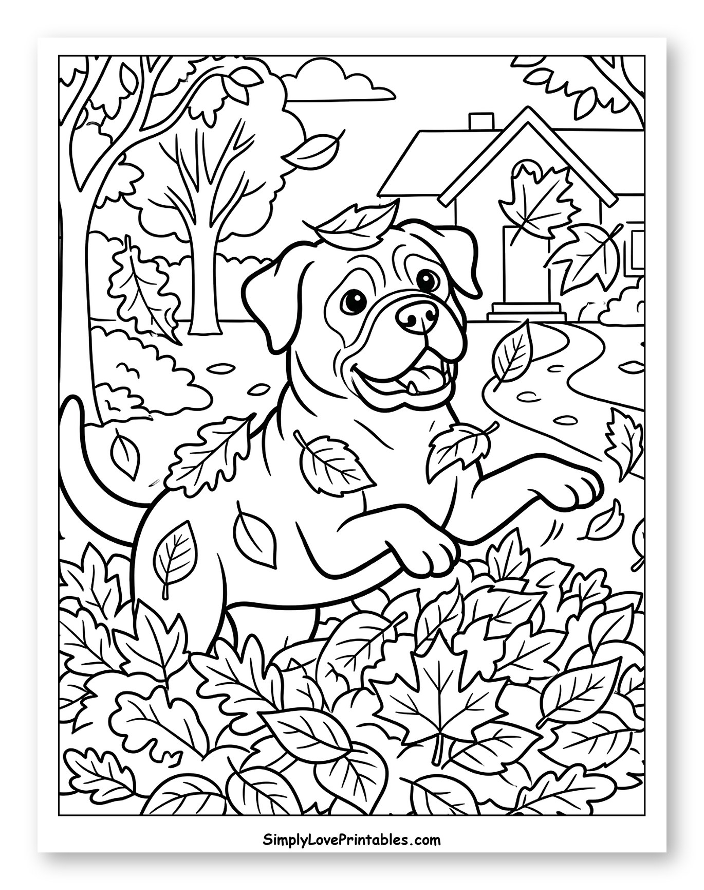 Happy Bullmastiff Dog Playing in Autumn Leaves