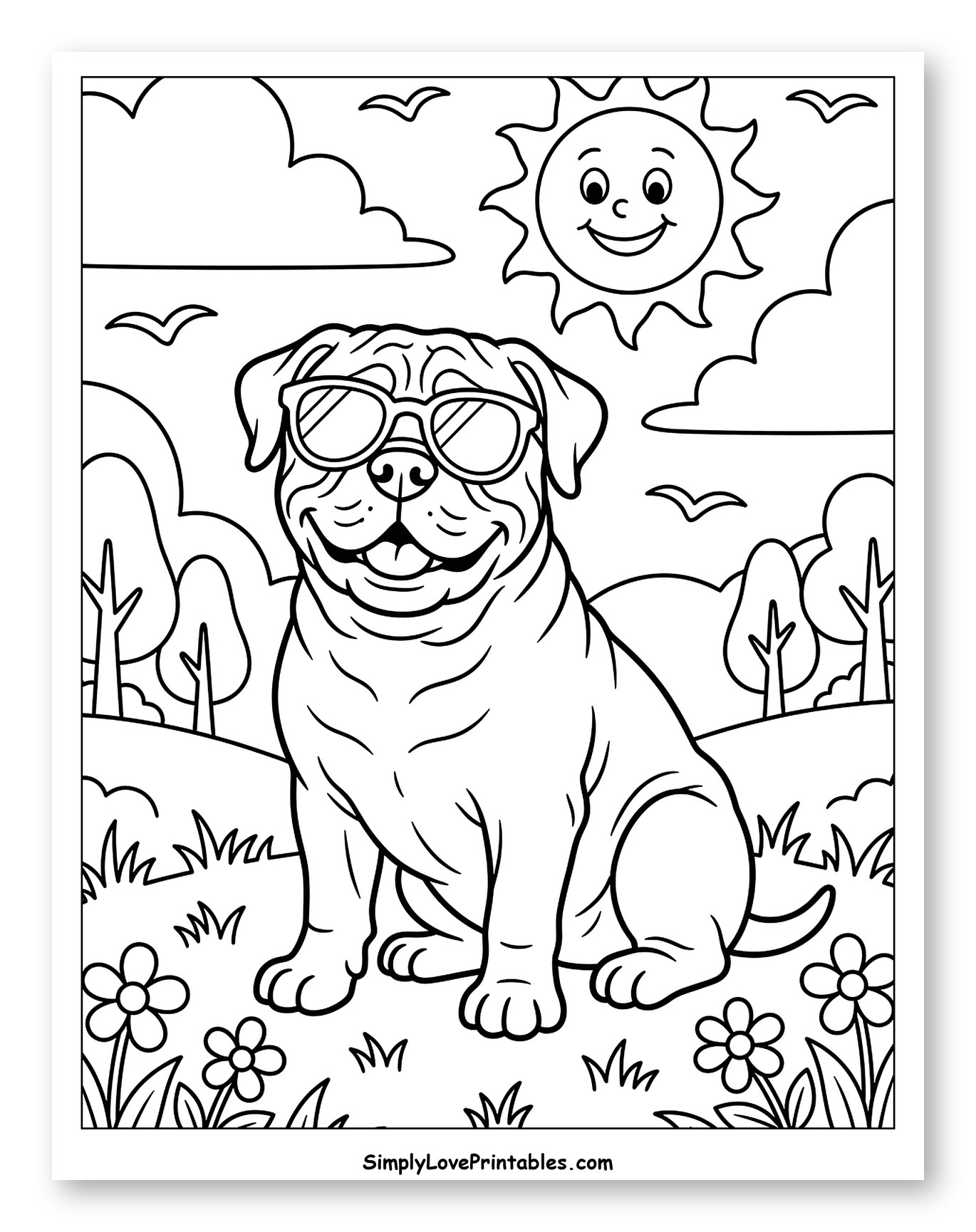 Happy Bullmastiff Dog Wearing Sunglasses Coloring Sheet for Kids
