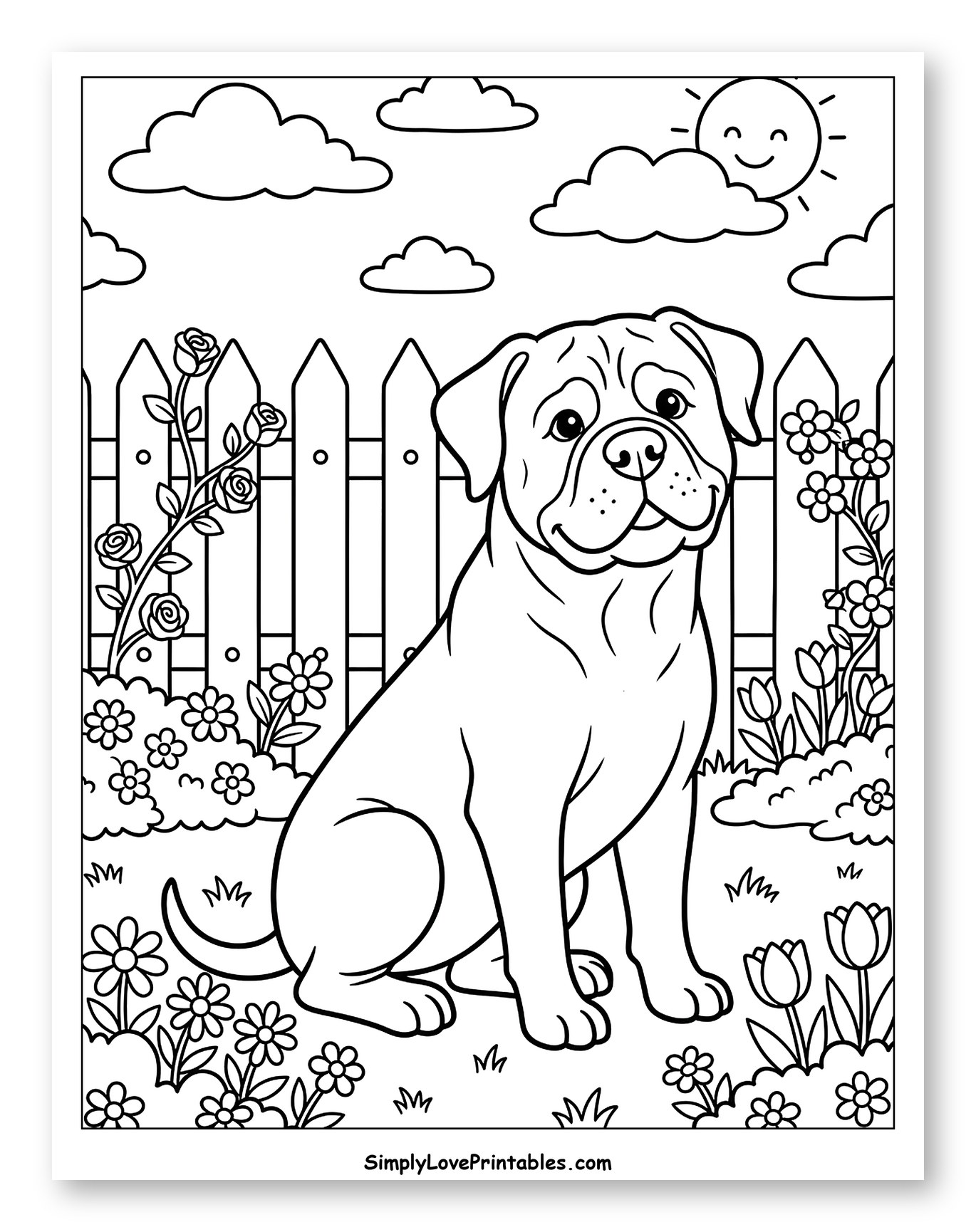 Happy Bullmastiff in a Garden with Flowers