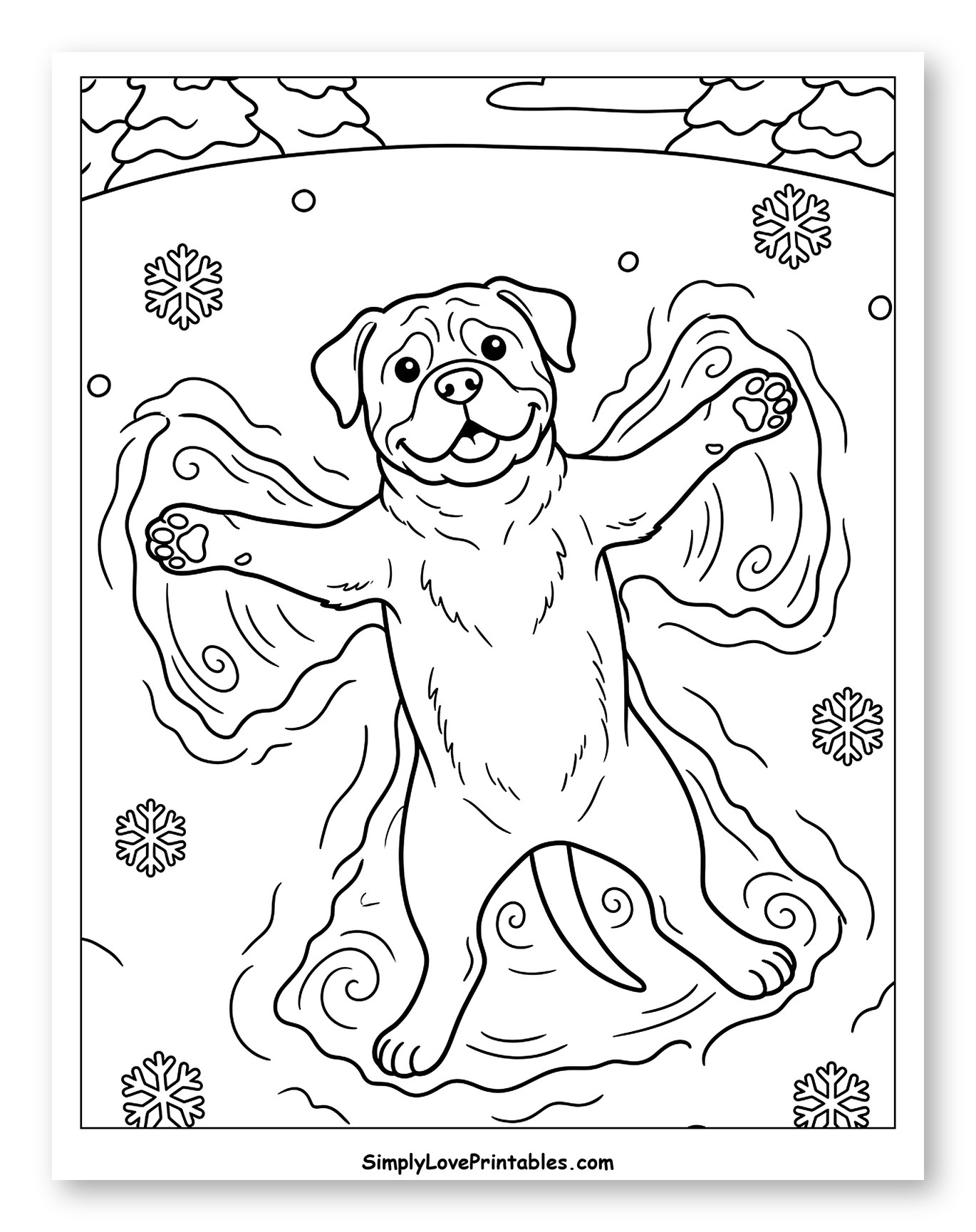 Happy Bullmastiff Making a Snow Angel Coloring Page for Kids