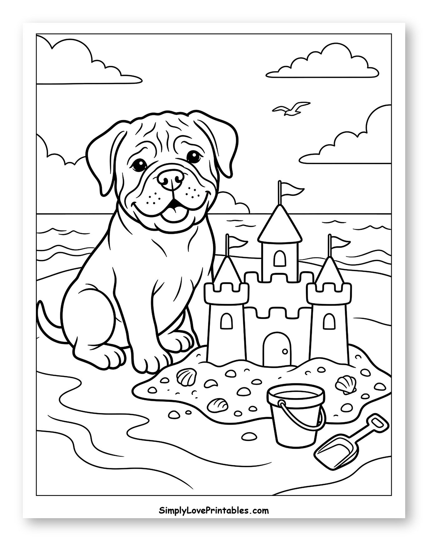 Happy Bullmastiff Puppy by Sandcastle on Beach