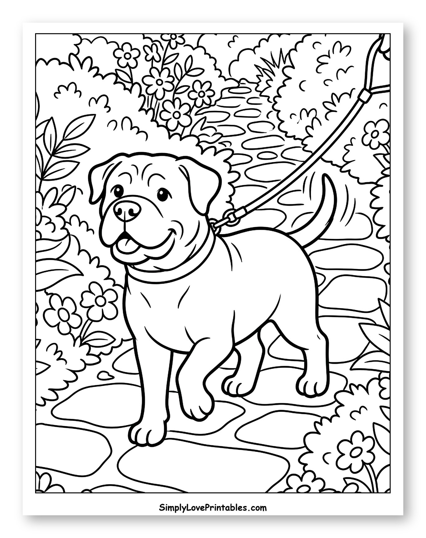Happy Bullmastiff Walking on a Garden Path Coloring Page for Kids