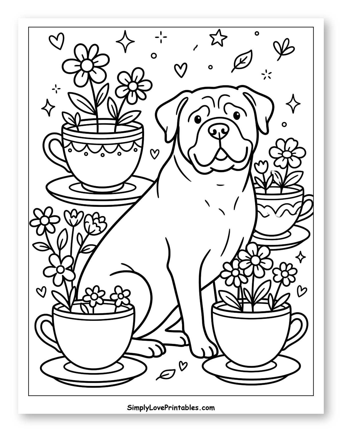 Happy Bullmastiff with Teacups of Flowers Coloring Sheet for Adults