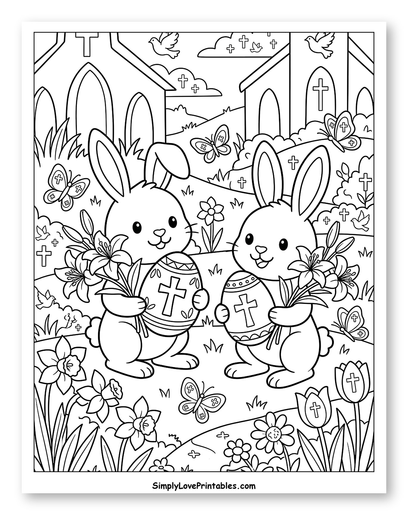 Happy Bunnies with Easter Eggs and Churches