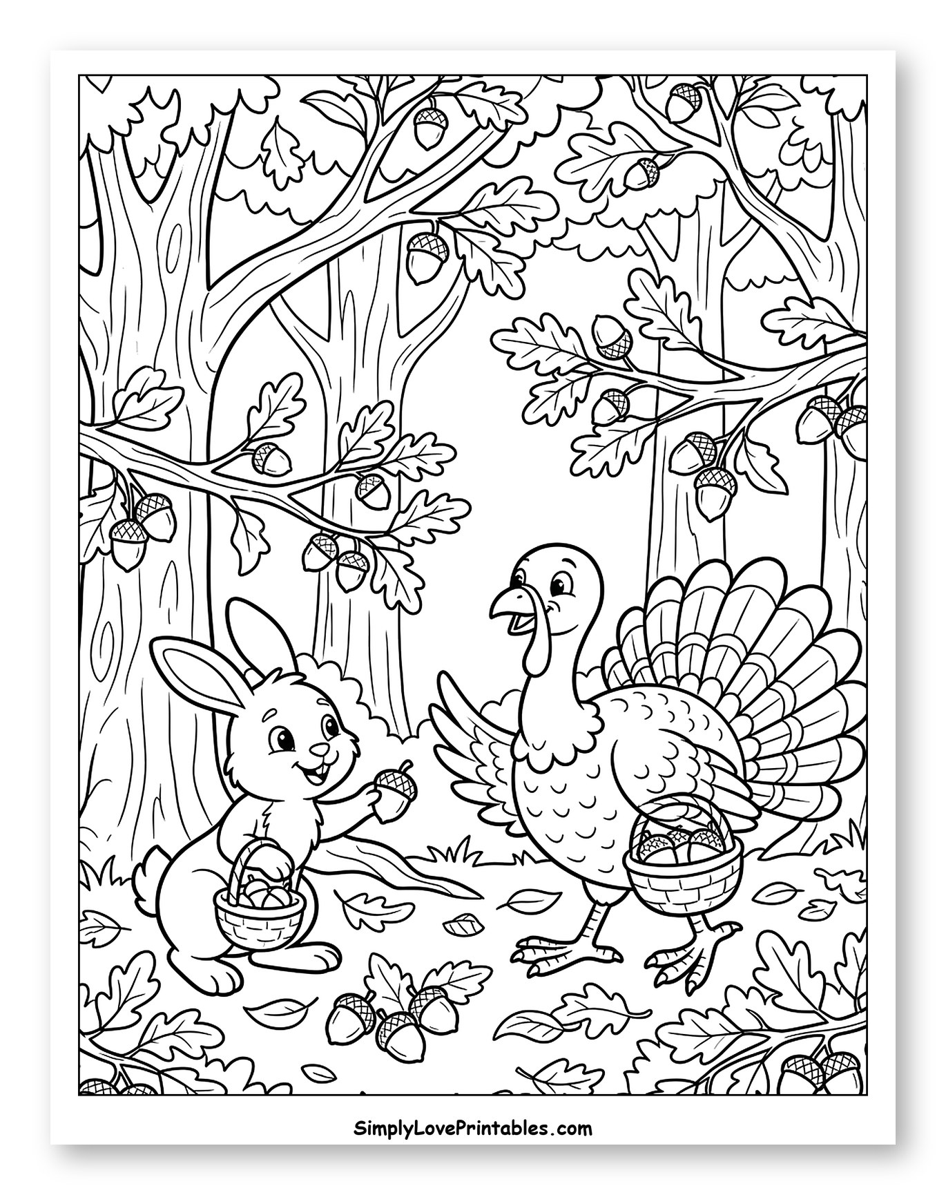 Happy Bunny and Turkey Collecting Acorns