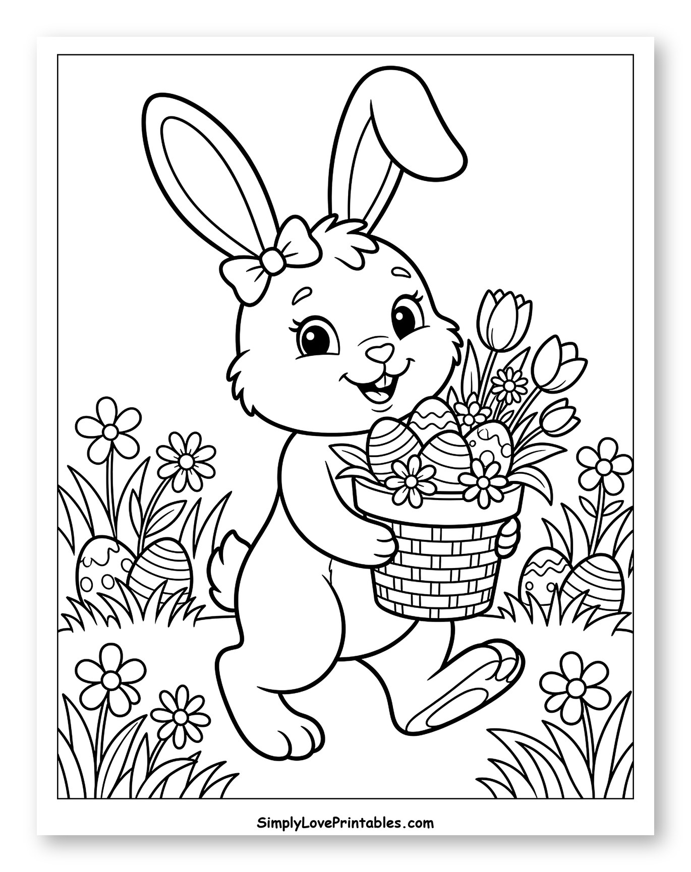 Happy Bunny Carrying Easter Basket with Flowers