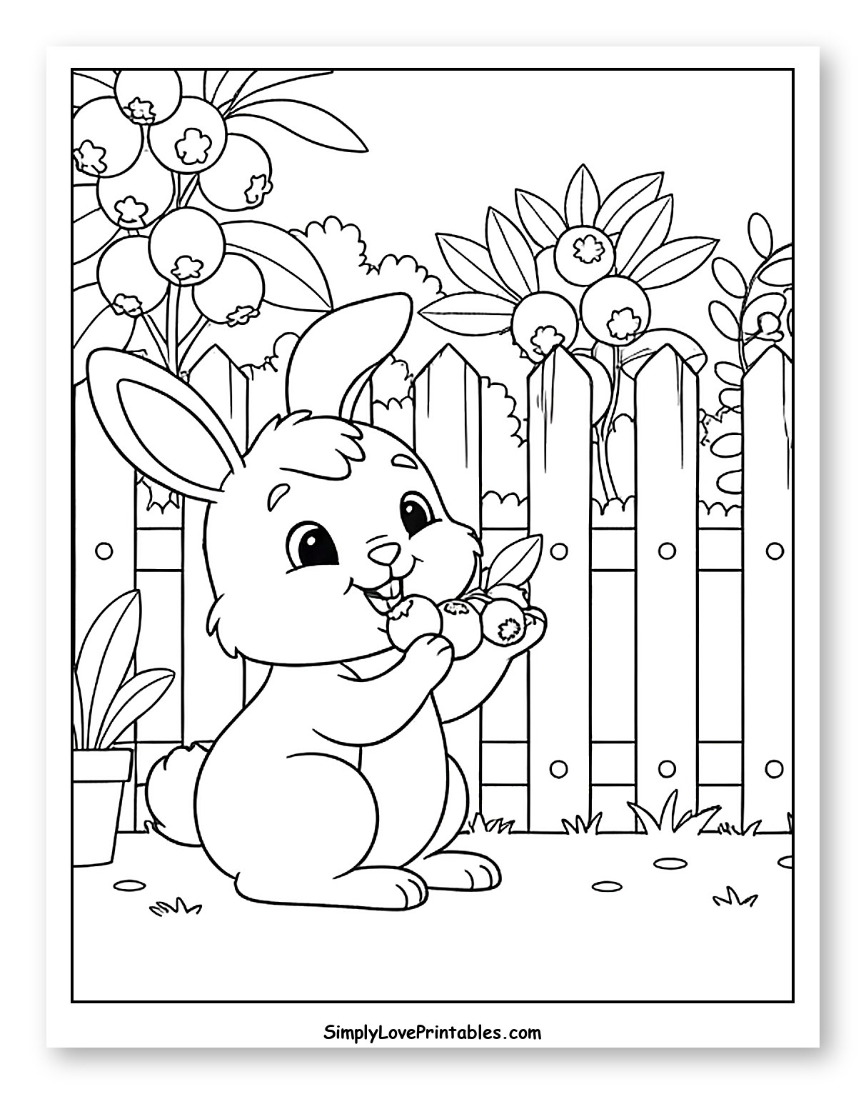 Happy Bunny Enjoying Blueberries in Garden Coloring Sheet for Kids