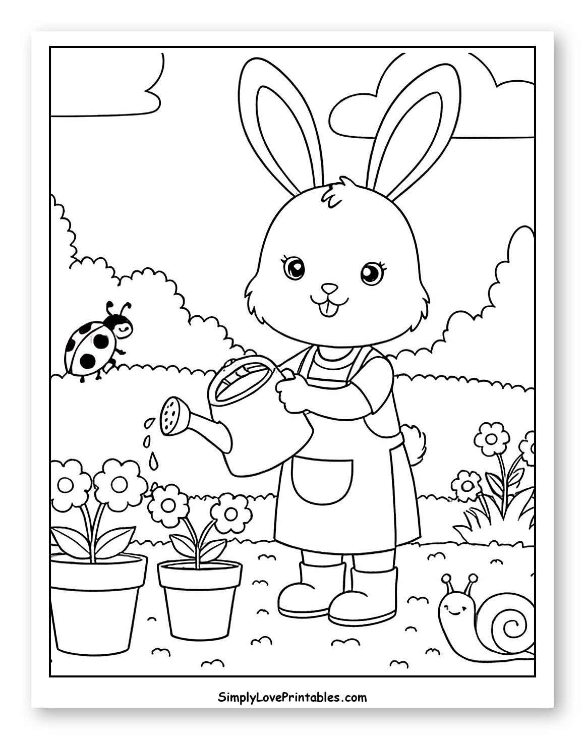 Happy Bunny in Apron Watering Potted Flowers