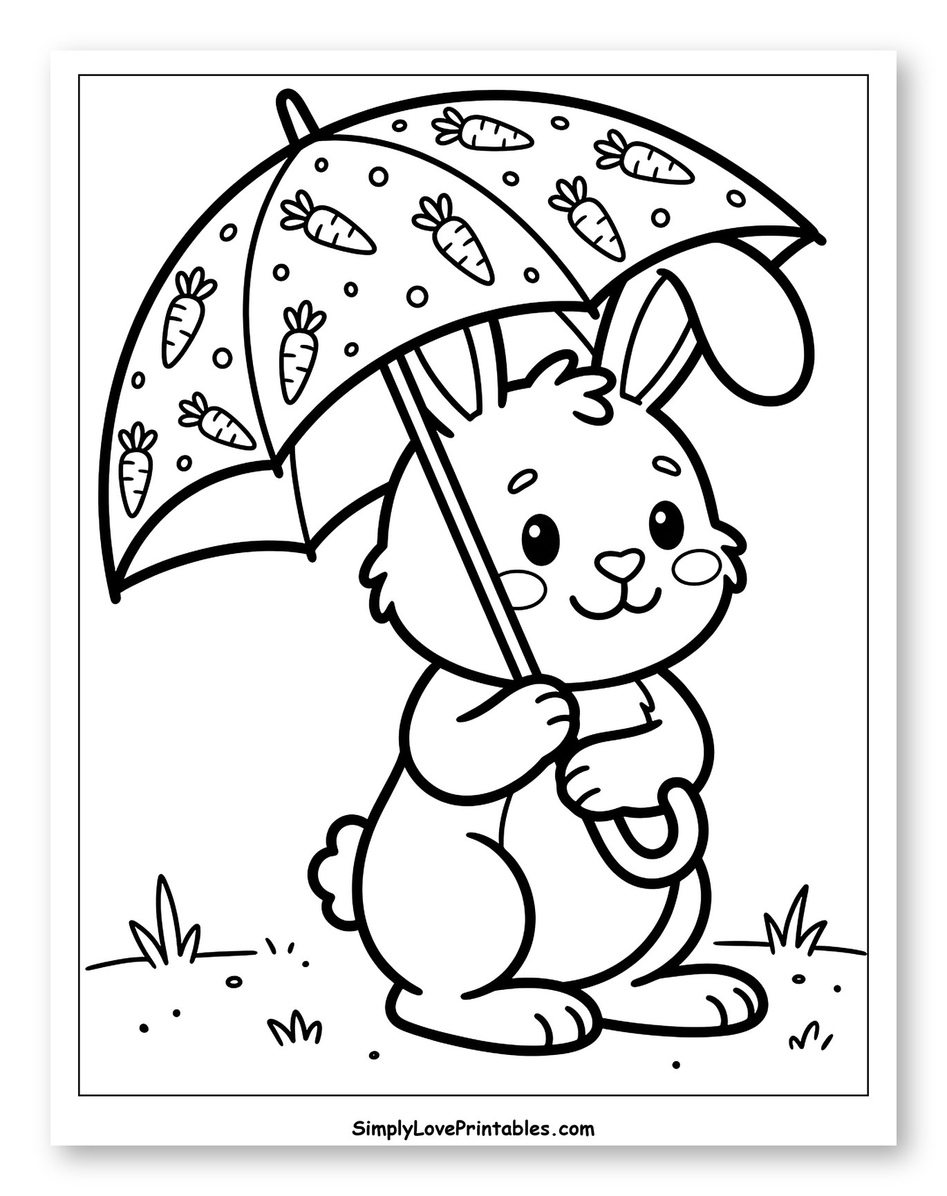 Happy Bunny with Carrot-Patterned Umbrella Coloring Sheet for Toddlers