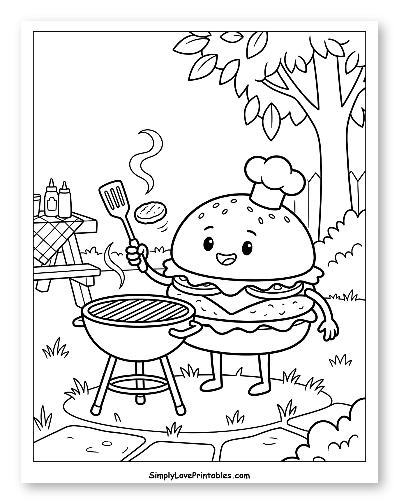 Happy Burger Grilling Outdoors Coloring Sheet for Kids