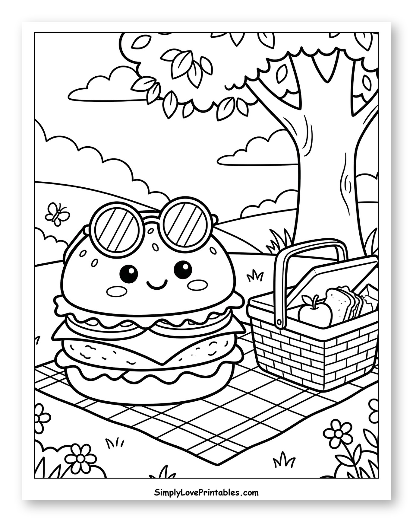Happy Burger Picnicking Under a Tree Coloring Page for Kids