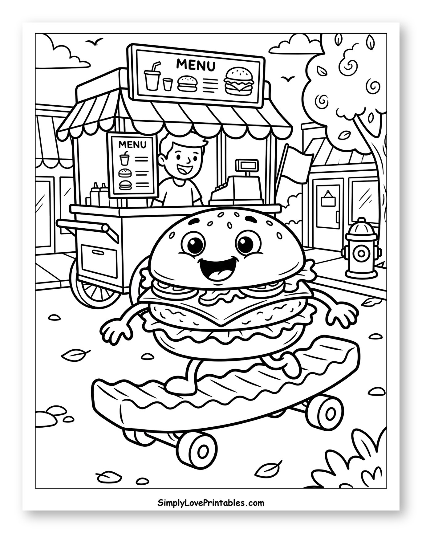 Happy Burger Skateboarding Past a Food Stand