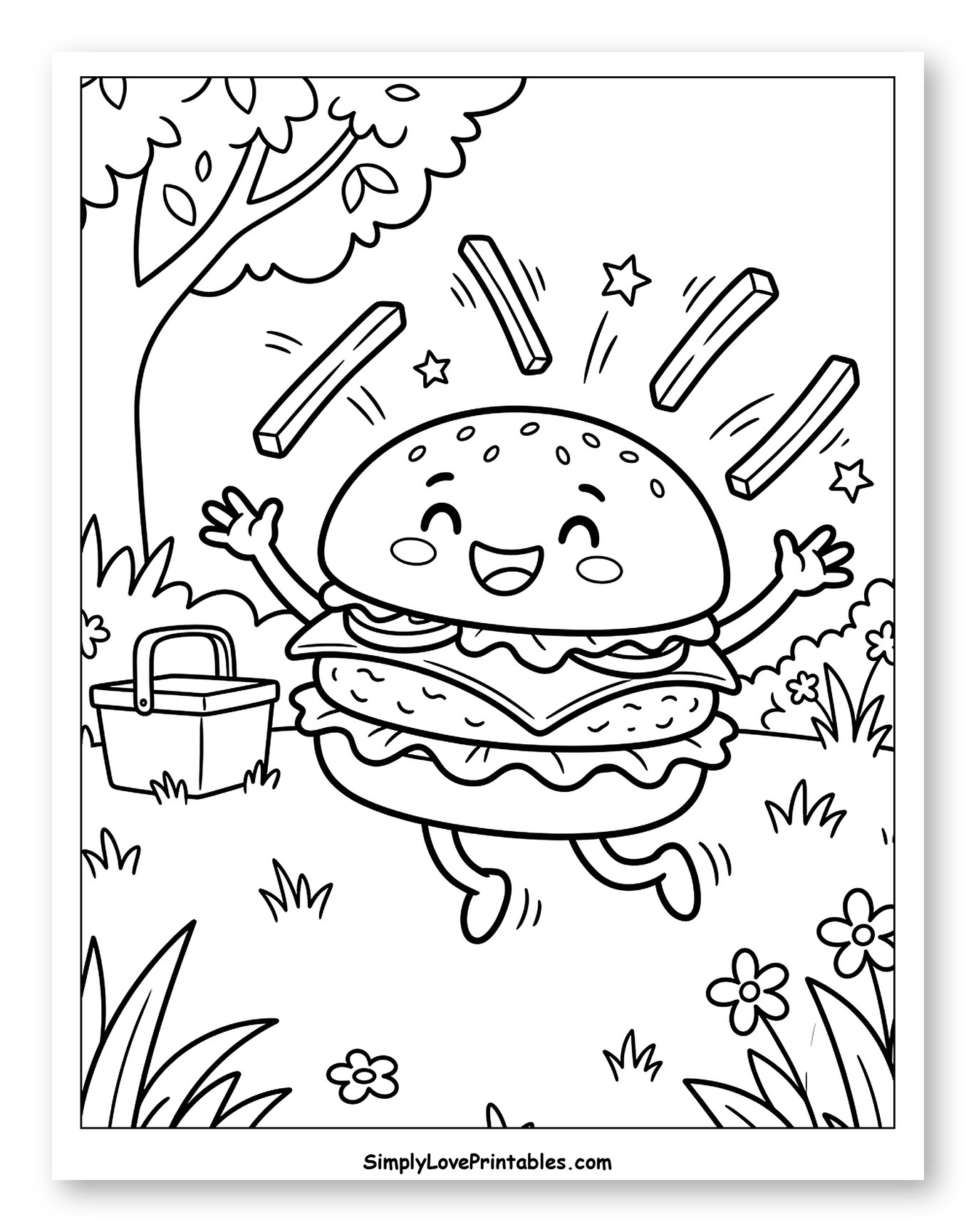 Happy Burger with French Fries at a Picnic Coloring Sheet for Kids